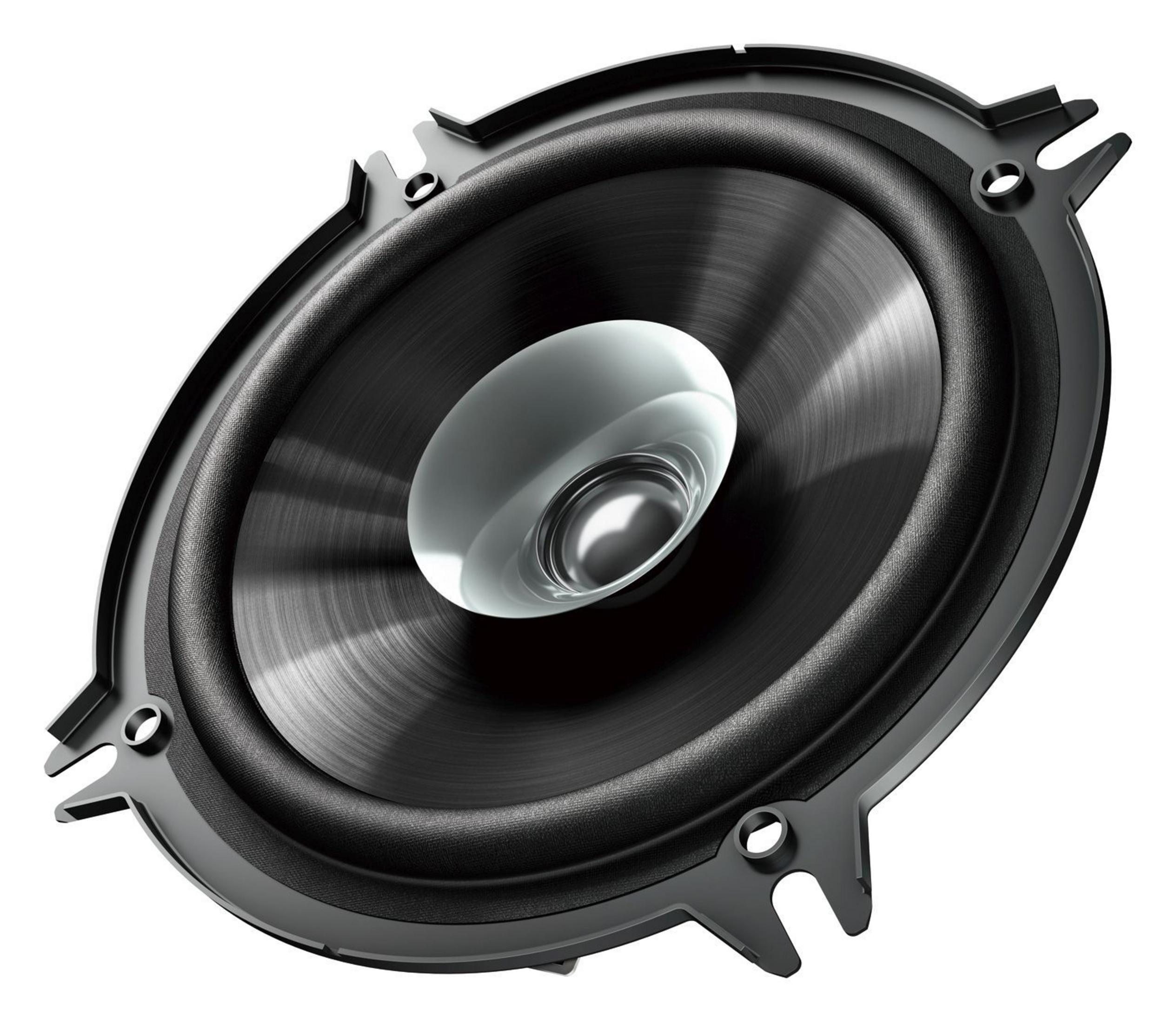 Altavoz de coche. Negro con centro plateado. Rodeado por un marco negro.