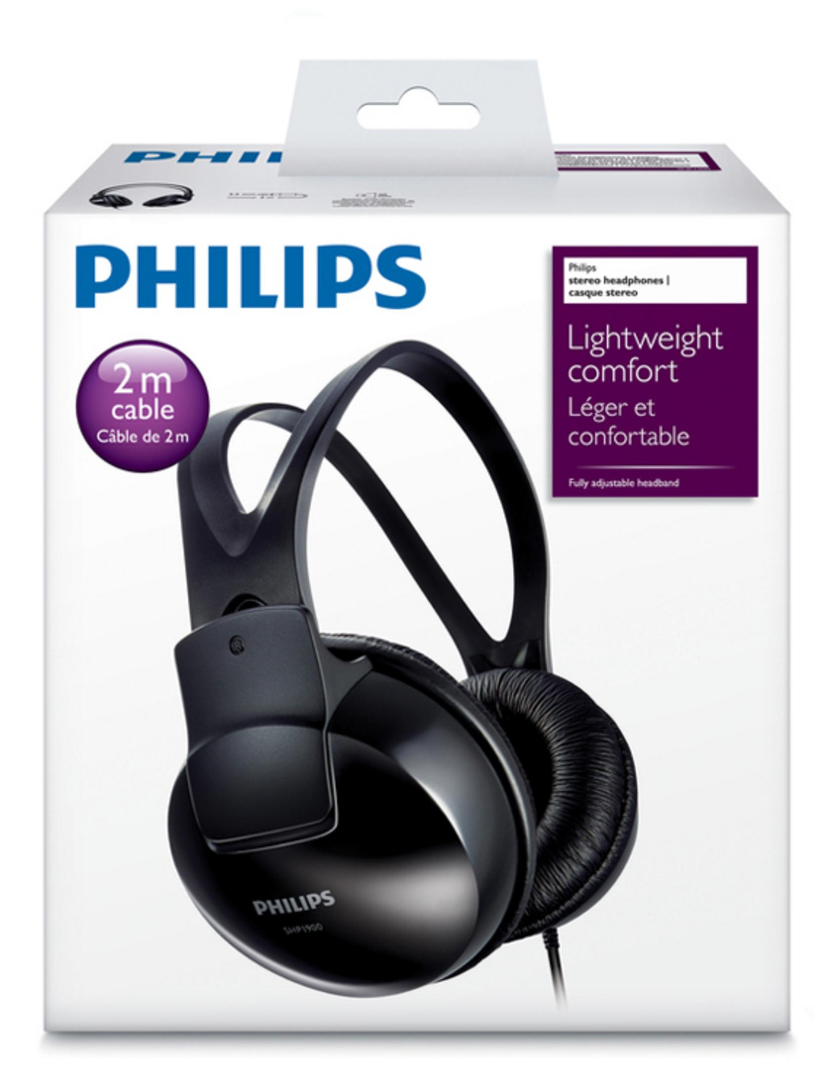 Una caja blanca con auriculares negros, la caja tiene la marca Philips y texto en varios idiomas.