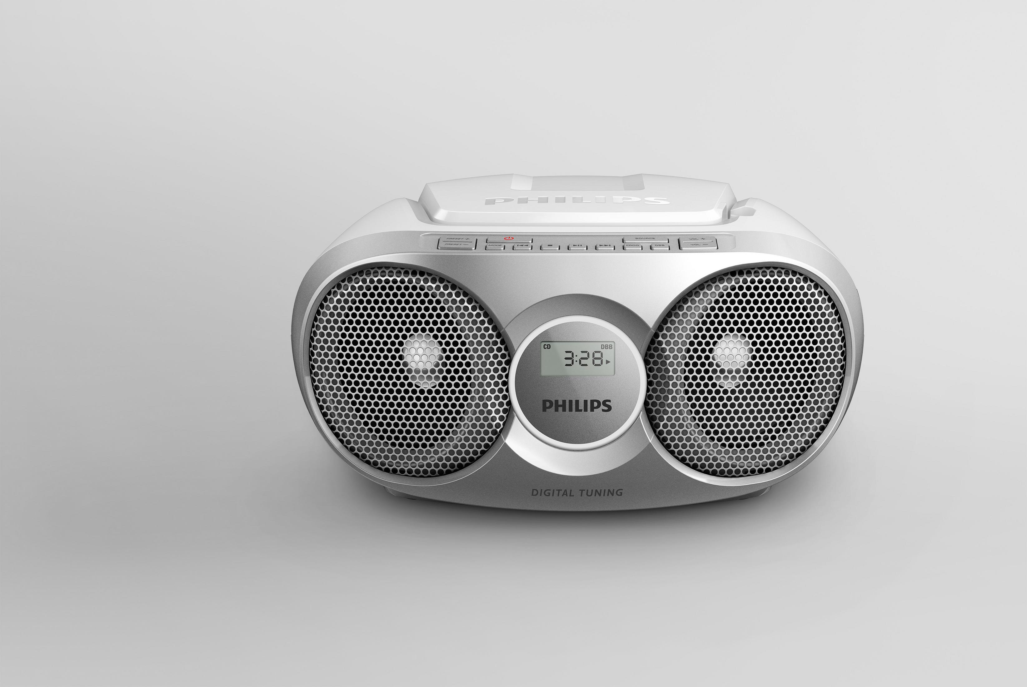 Ghettoblaster argento e bianco con due altoparlanti e un display digitale al centro.