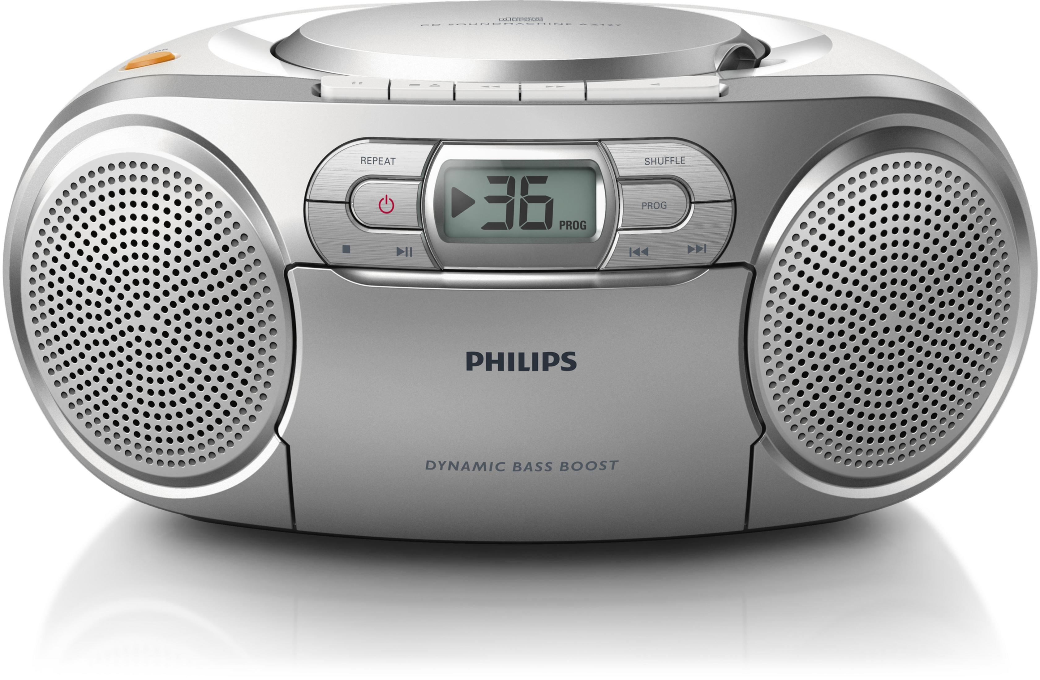 Zilveren en witte Philips cd-speler met een digitaal display, luidsprekerroosters en knoppen.