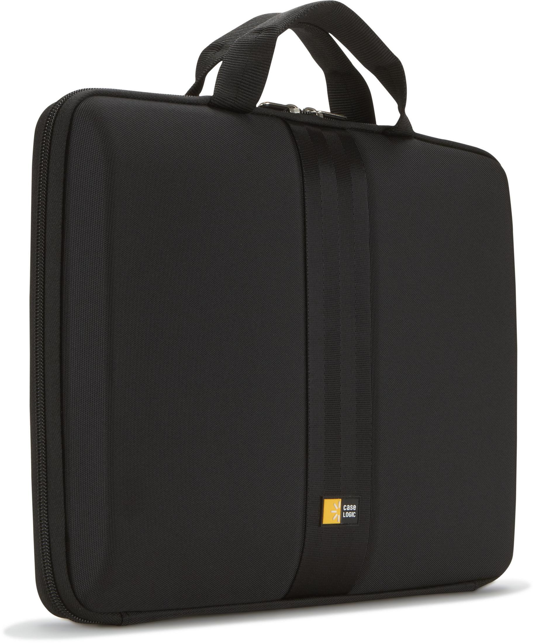 Schwarze Laptoptasche mit Griff und Riemen. Case Logic Logo ist sichtbar.
