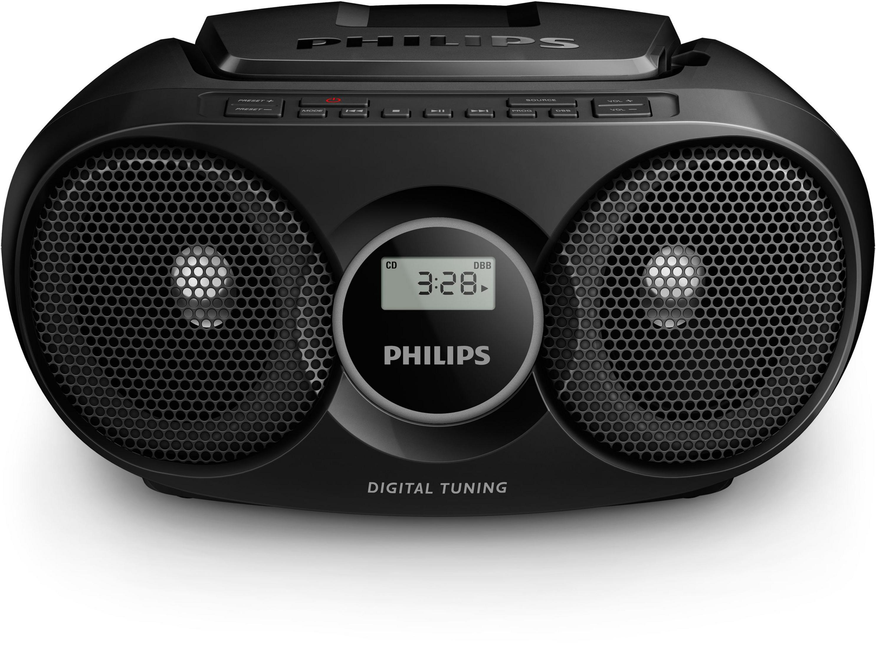 Boombox Philips negra con dos altavoces, reproductor de CD y pantalla de sintonización digital, aislada.