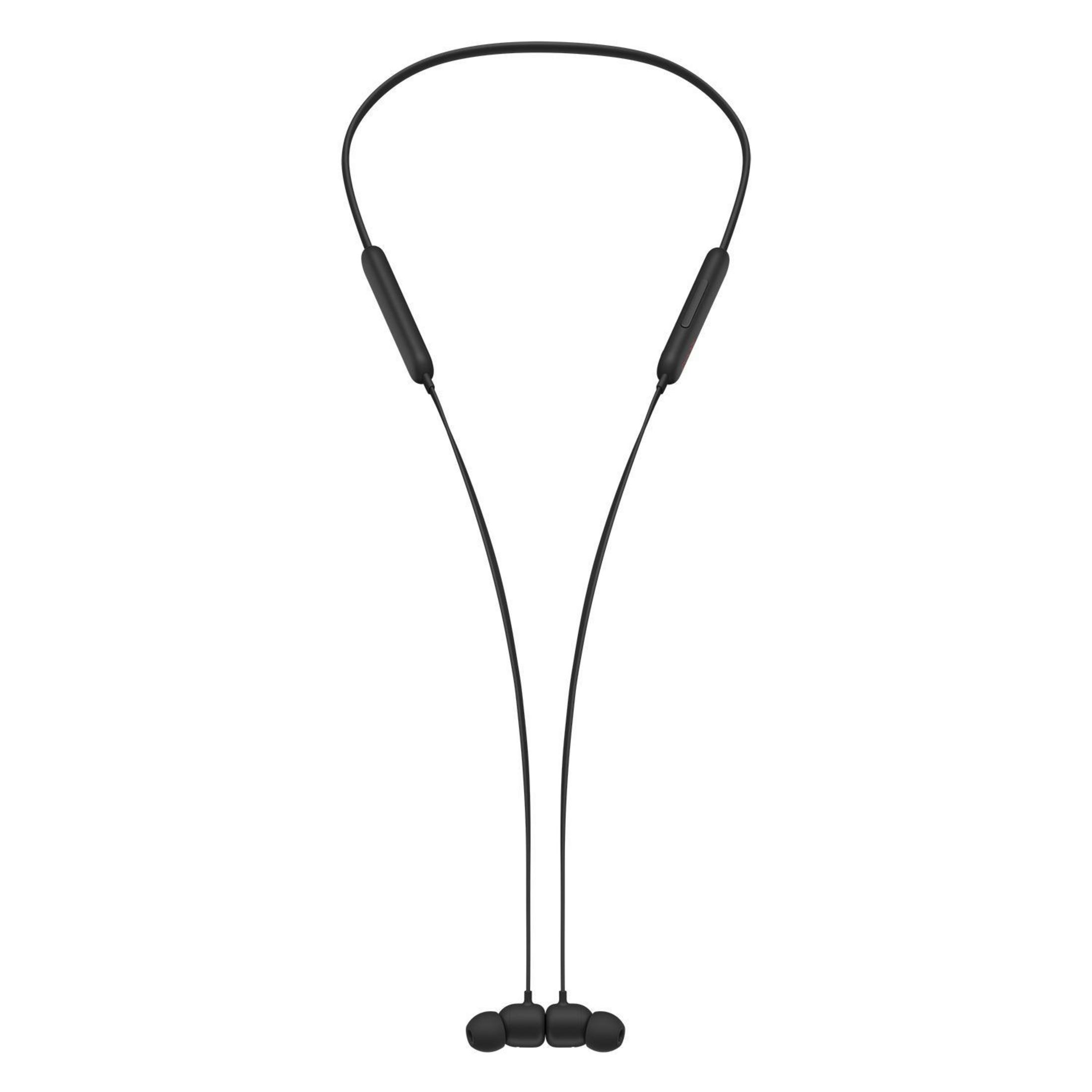 Czarne bezprzewodowe słuchawki douszne w stylu pałąka na szyję. Słuchawki są połączone przewodem.