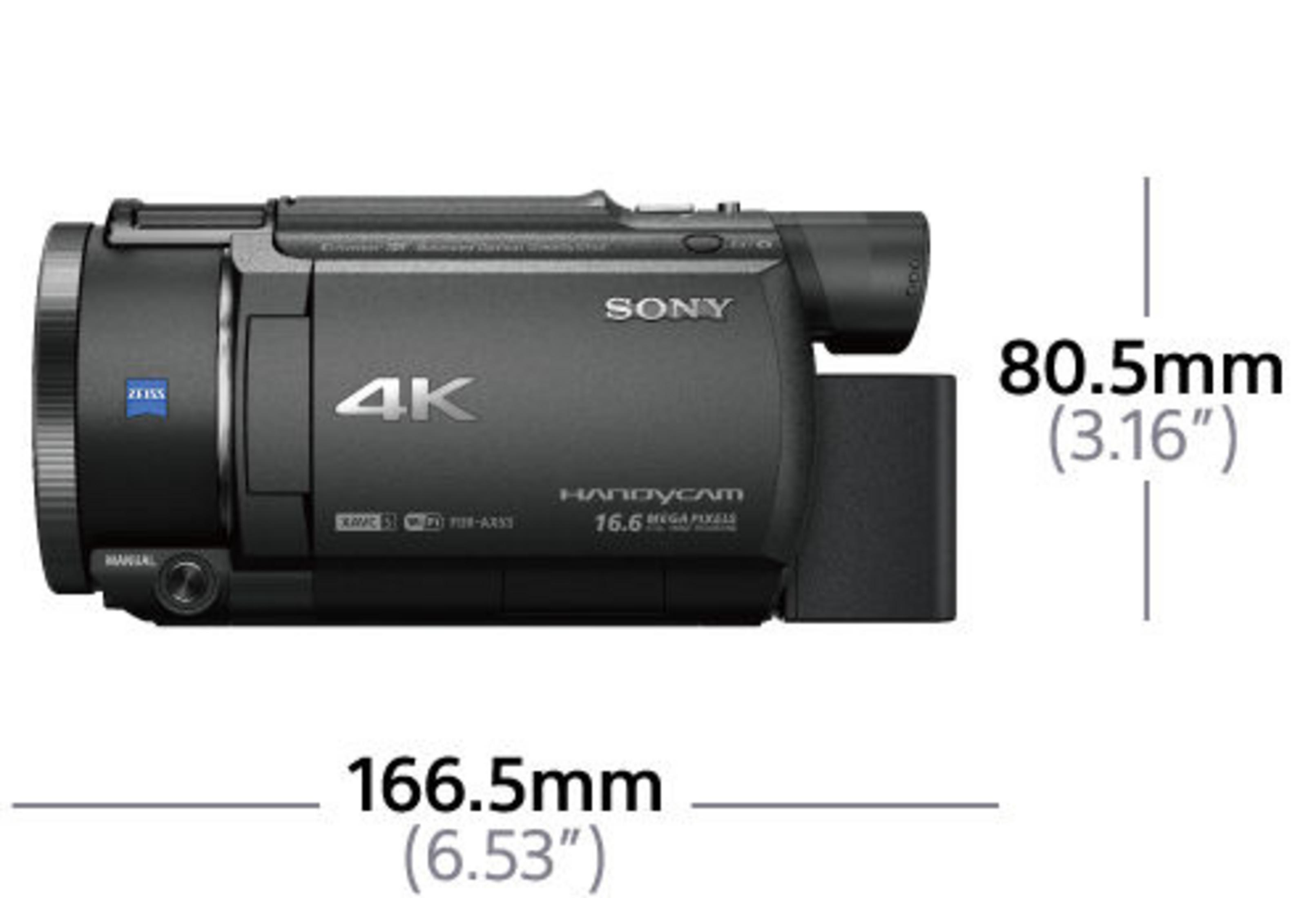 Schwarze Sony Handycam mit Abmessungen: 166,5 mm x 80,5 mm.