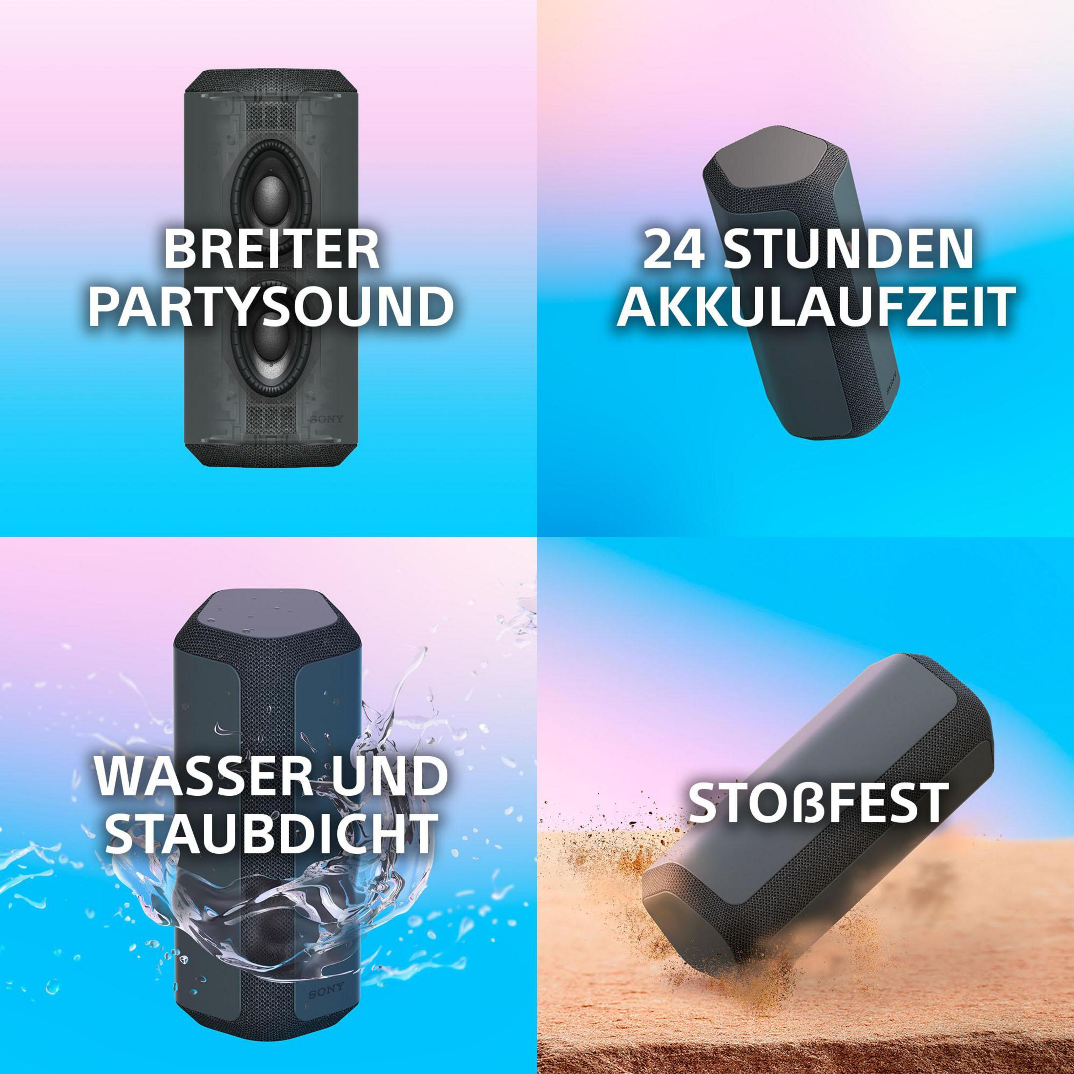 Cuatro imágenes que muestran las características de un altavoz negro: sonido de fiesta amplio, batería de 24 horas, impermeable y a prueba de golpes.