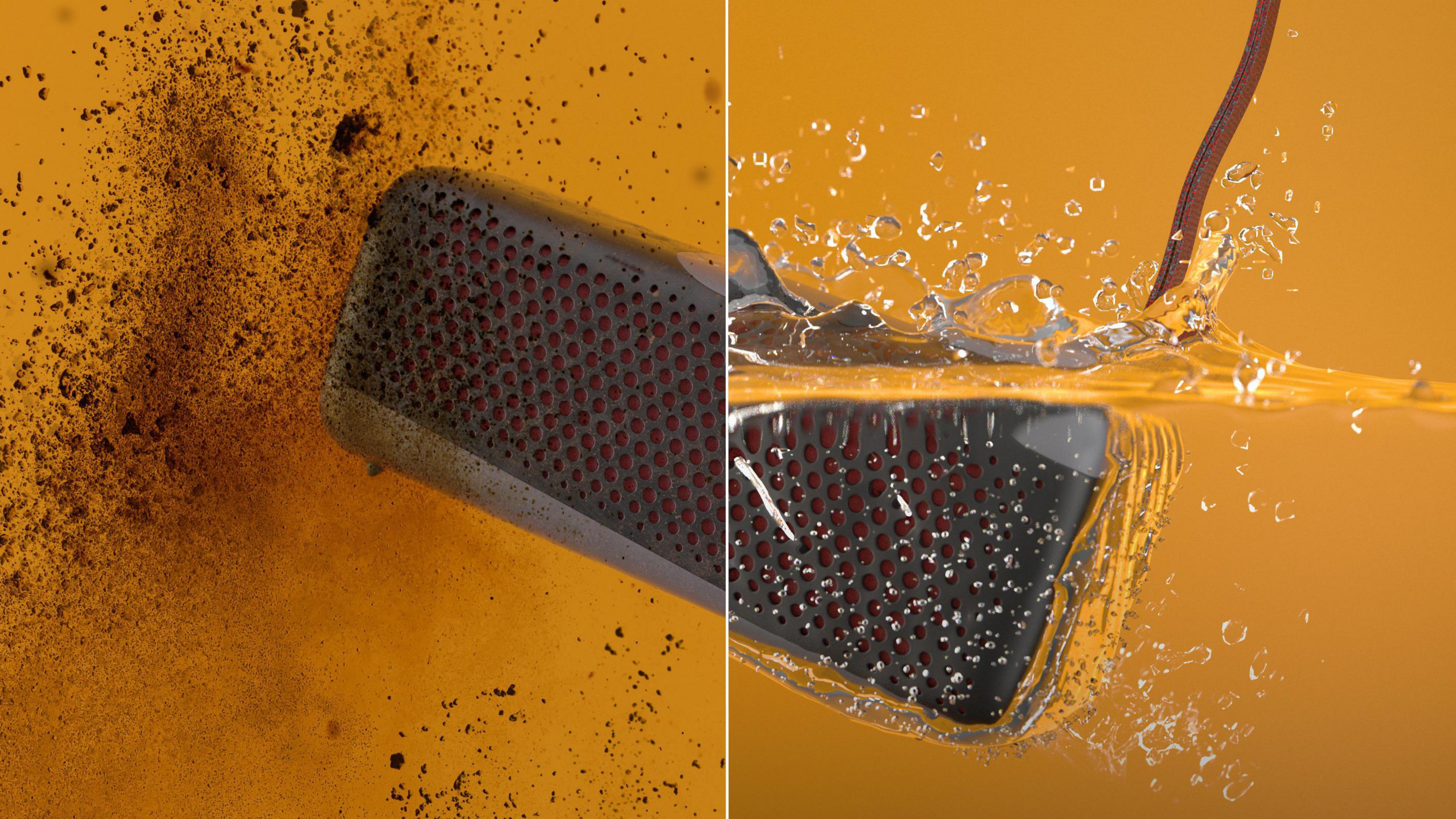 Głośnik w dwóch scenach: jedna z kurzem, druga w wodzie z rozpryskiem.