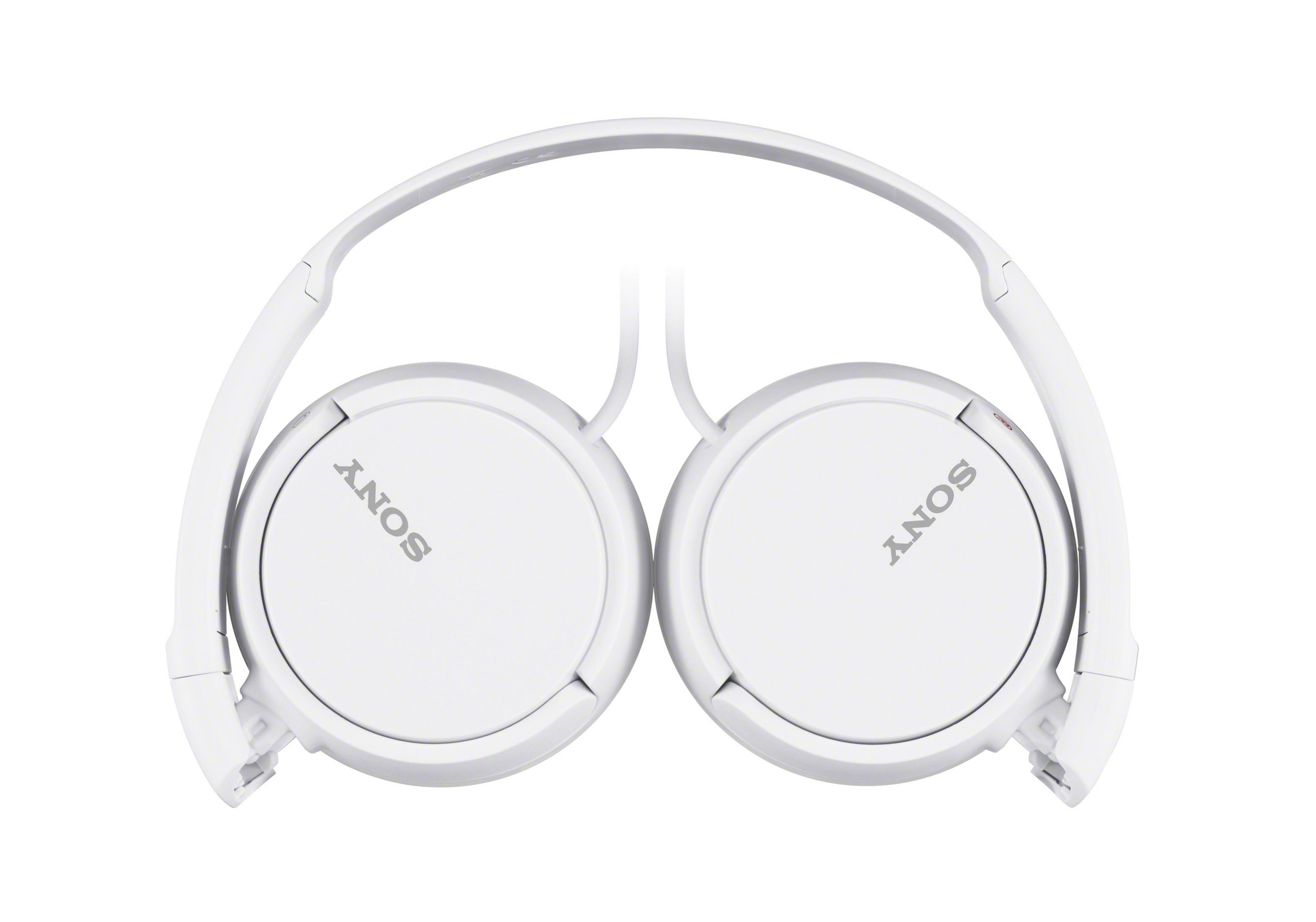Casque blanc, plié. Le mot 'SONY' est imprimé sur chaque coussinet.