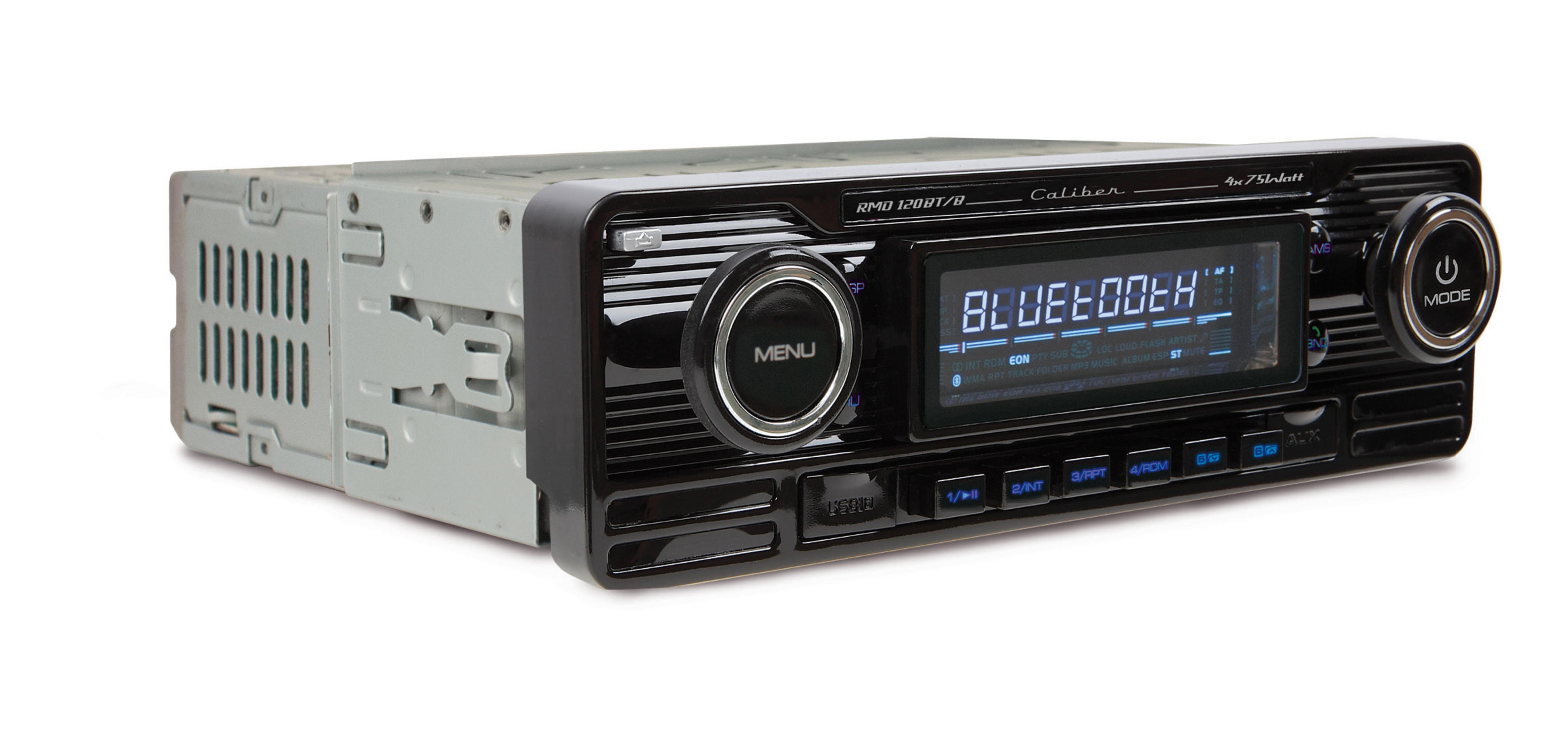 Car stereo with a black front and a blue screen displaying text.