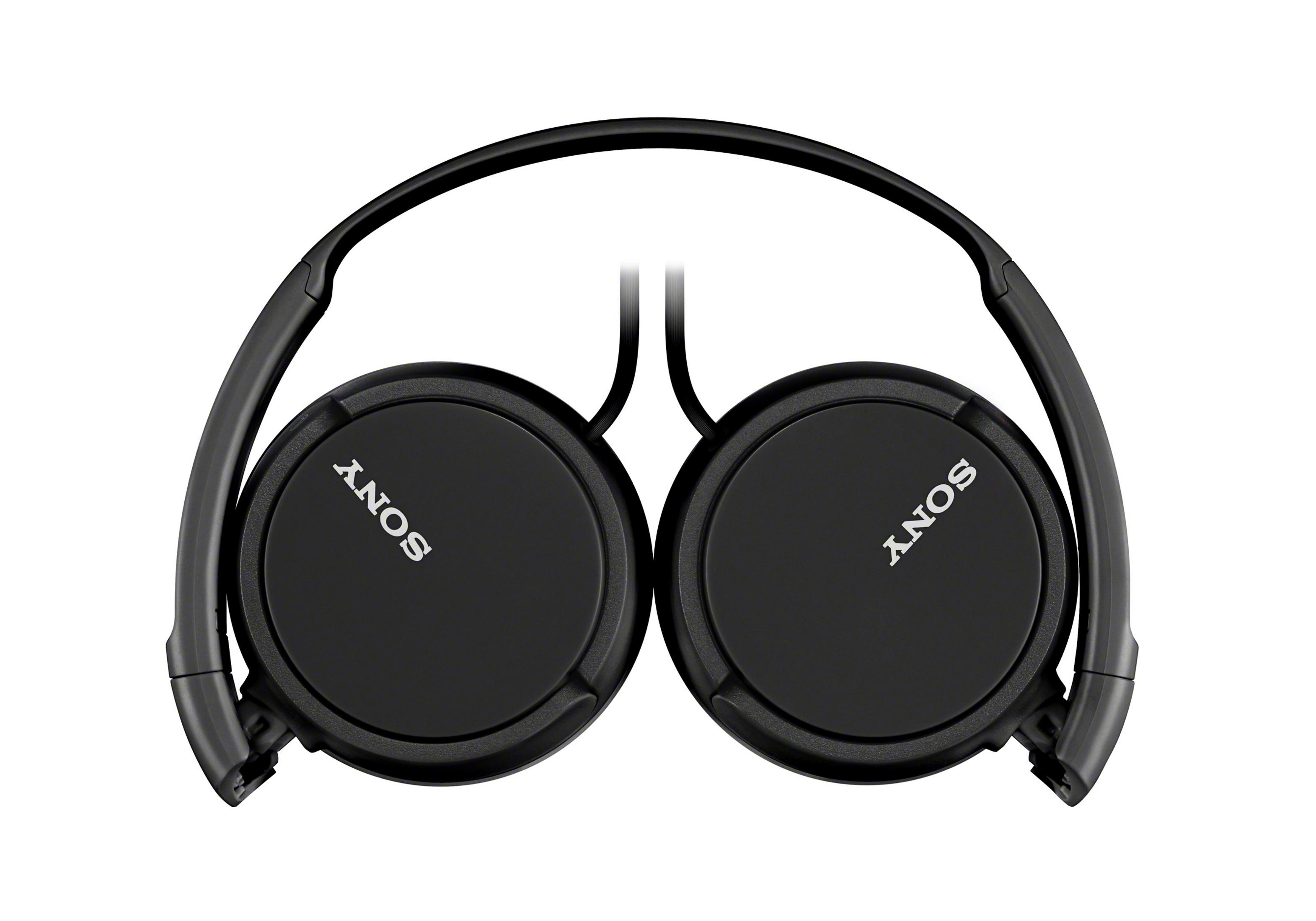 Casque Sony noir pliable, vue de dessus. Les écouteurs sont ronds et le nom de la marque est visible.