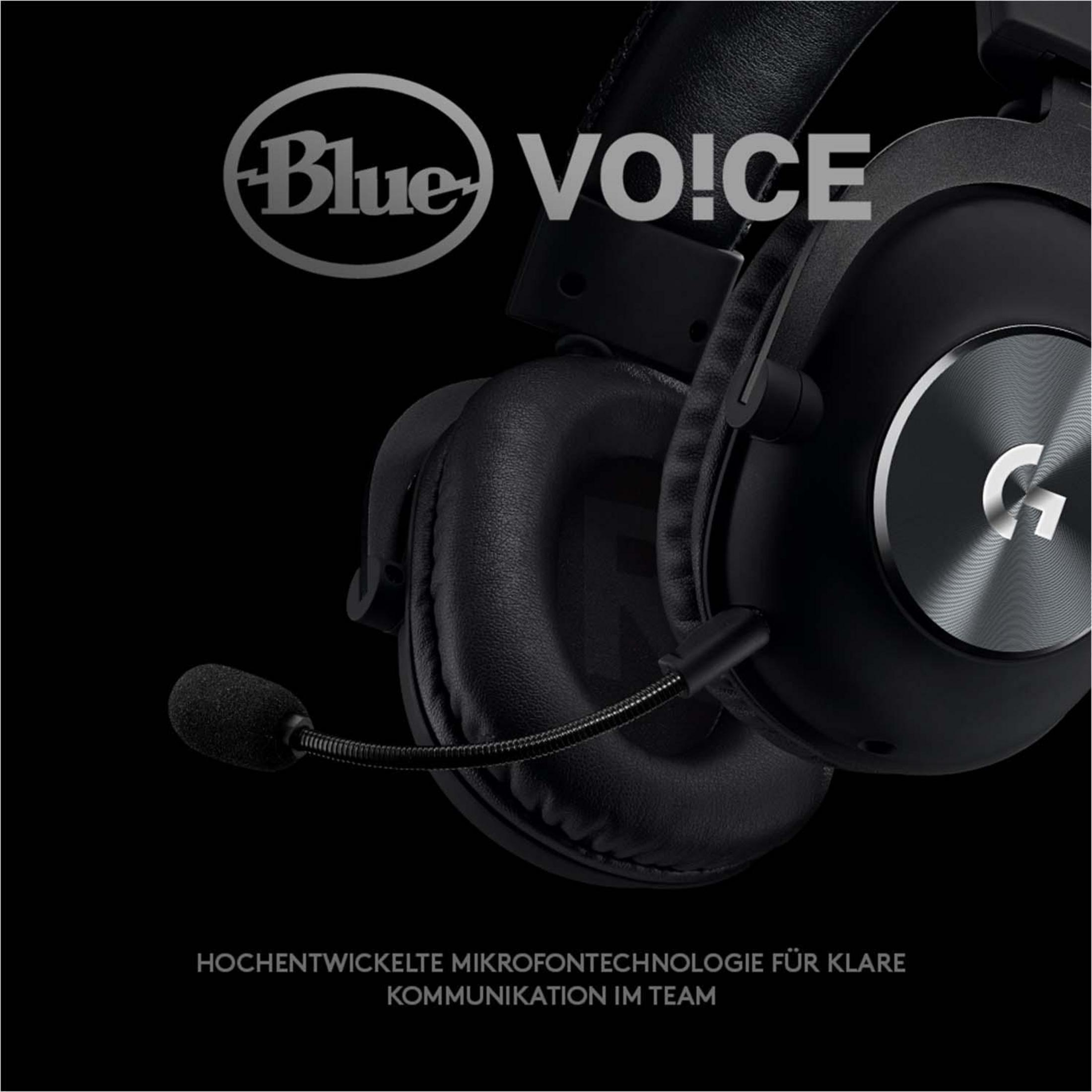 Cuffie nere con microfono. Logo Blue VOICE in alto a sinistra. Logo Logitech a destra.