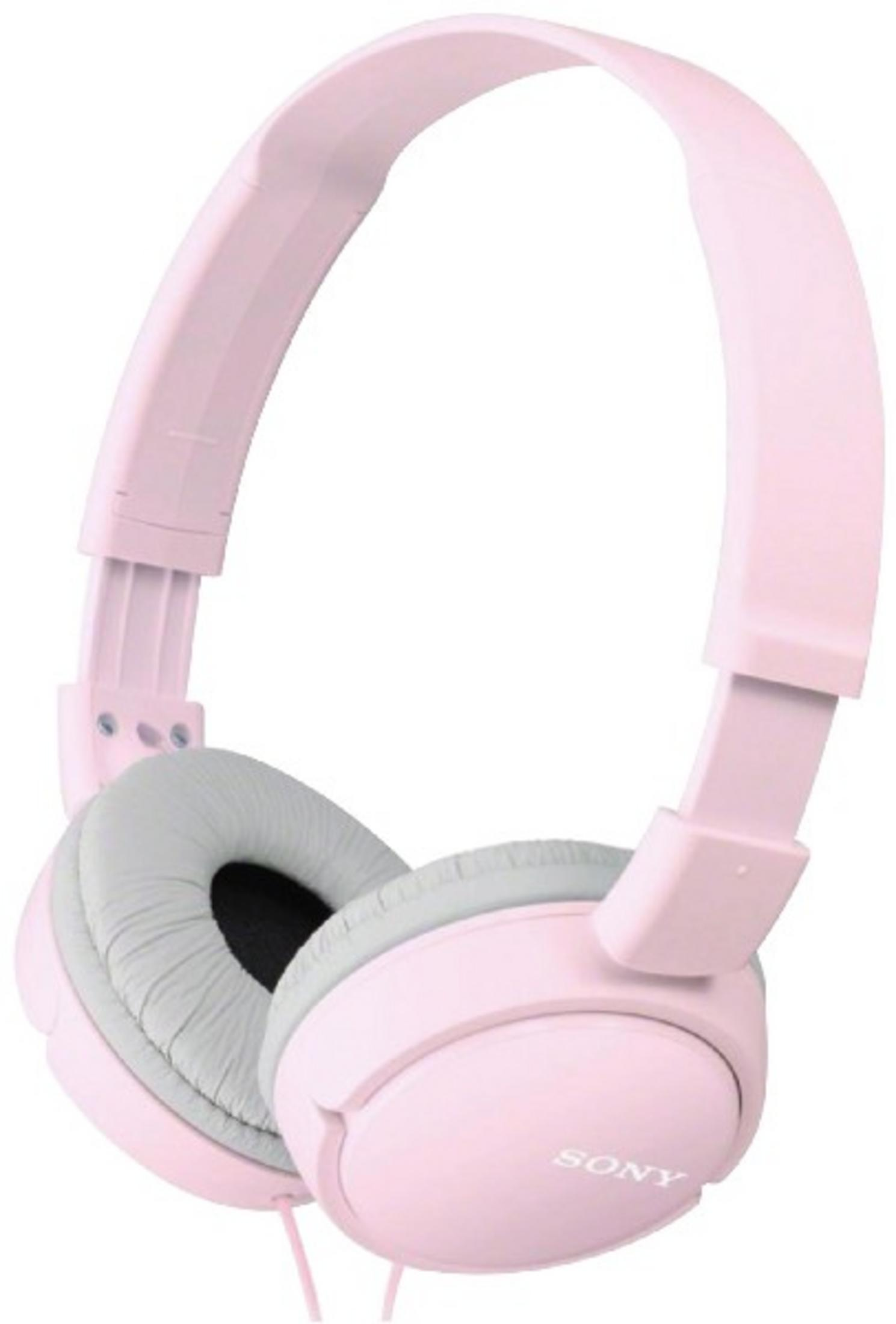Cuffie rosa con padiglioni grigio chiaro. La parola 'SONY' è stampata su ogni padiglione.