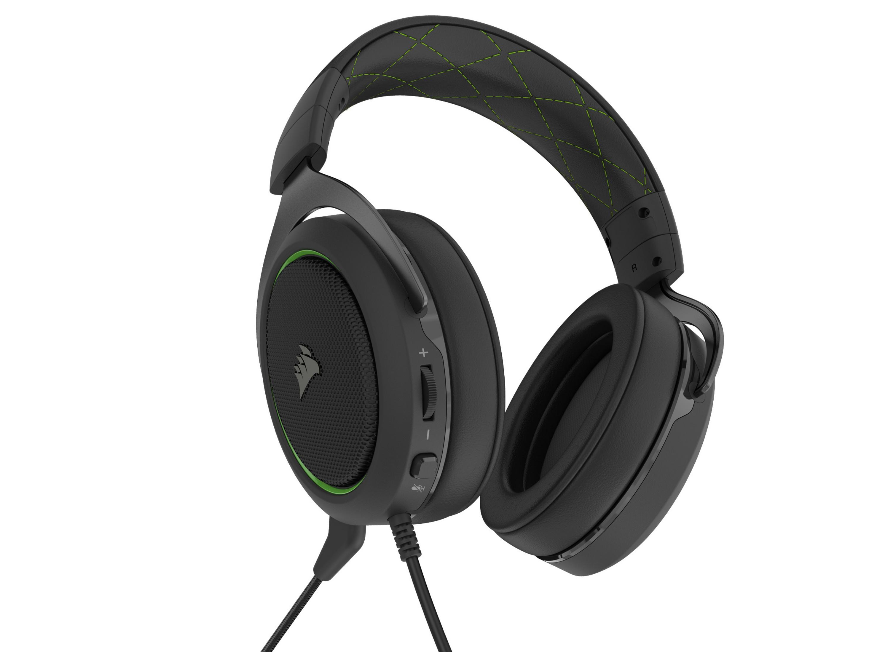 Schwarzes und grünes Gaming-Headset mit Lautstärkereglern und Mikrofon.