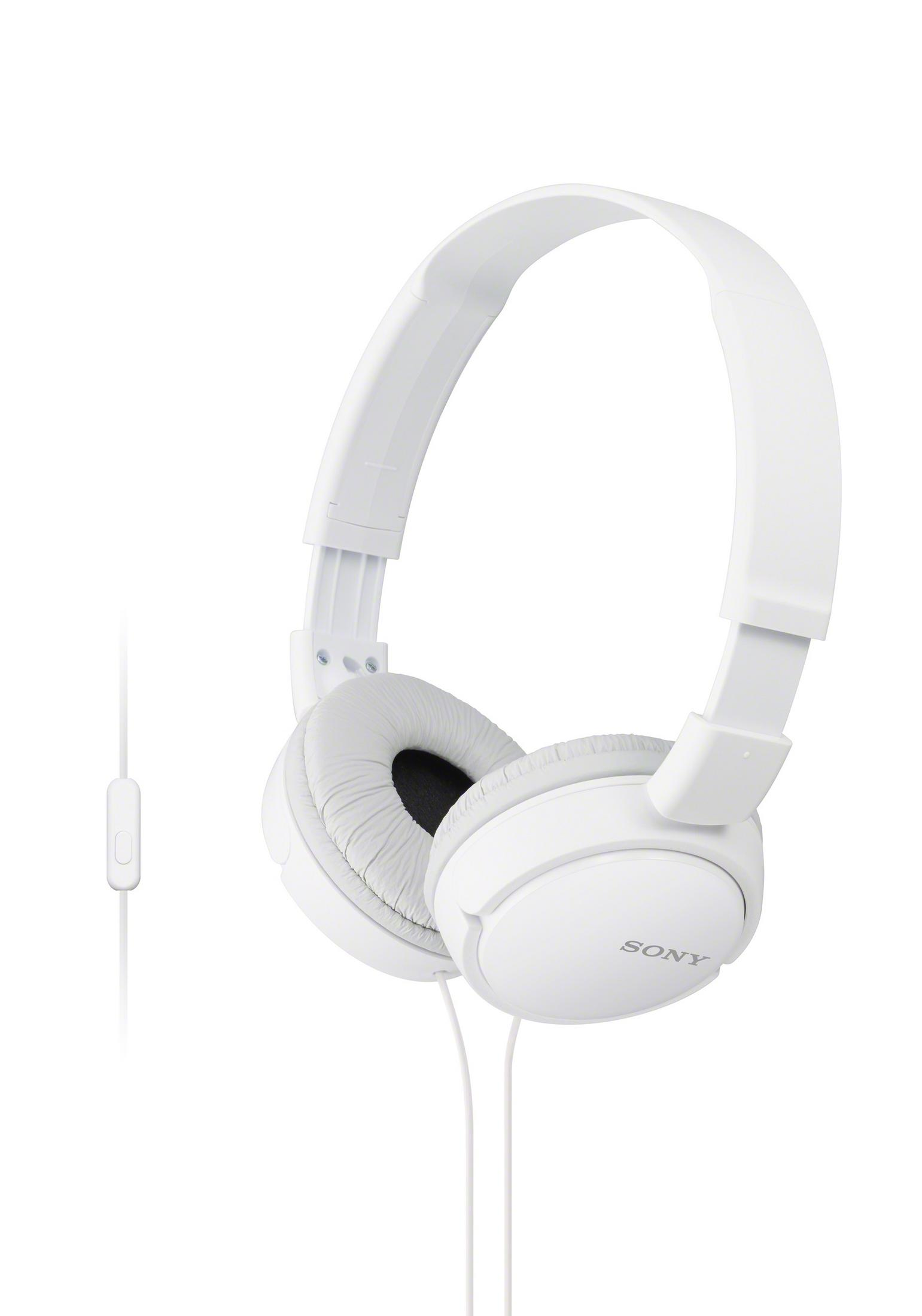 Weiße Kopfhörer mit dem Aufdruck 'SONY'. Das Kabel und die Ohrmuscheln sind weiß.