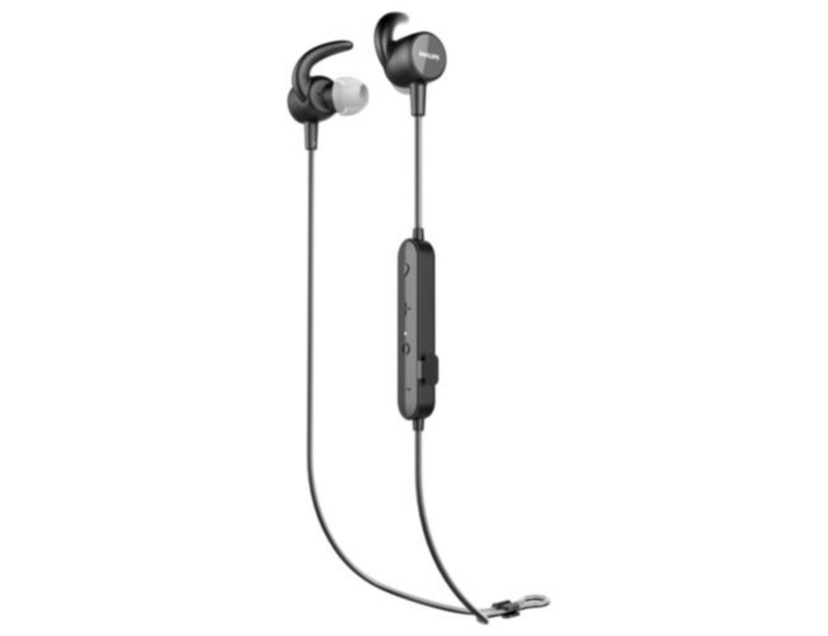 Auricolari wireless Philips neri con modulo di controllo e cavo. Sfondo bianco.
