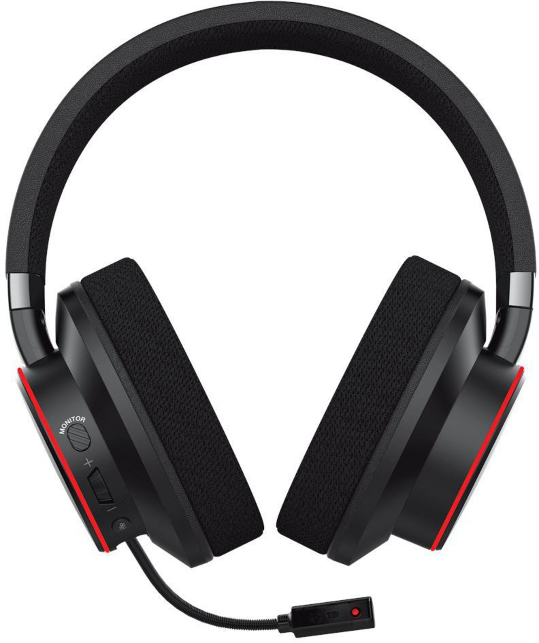 Black headphones with red accents, wire, and a microphone extending from the left side.