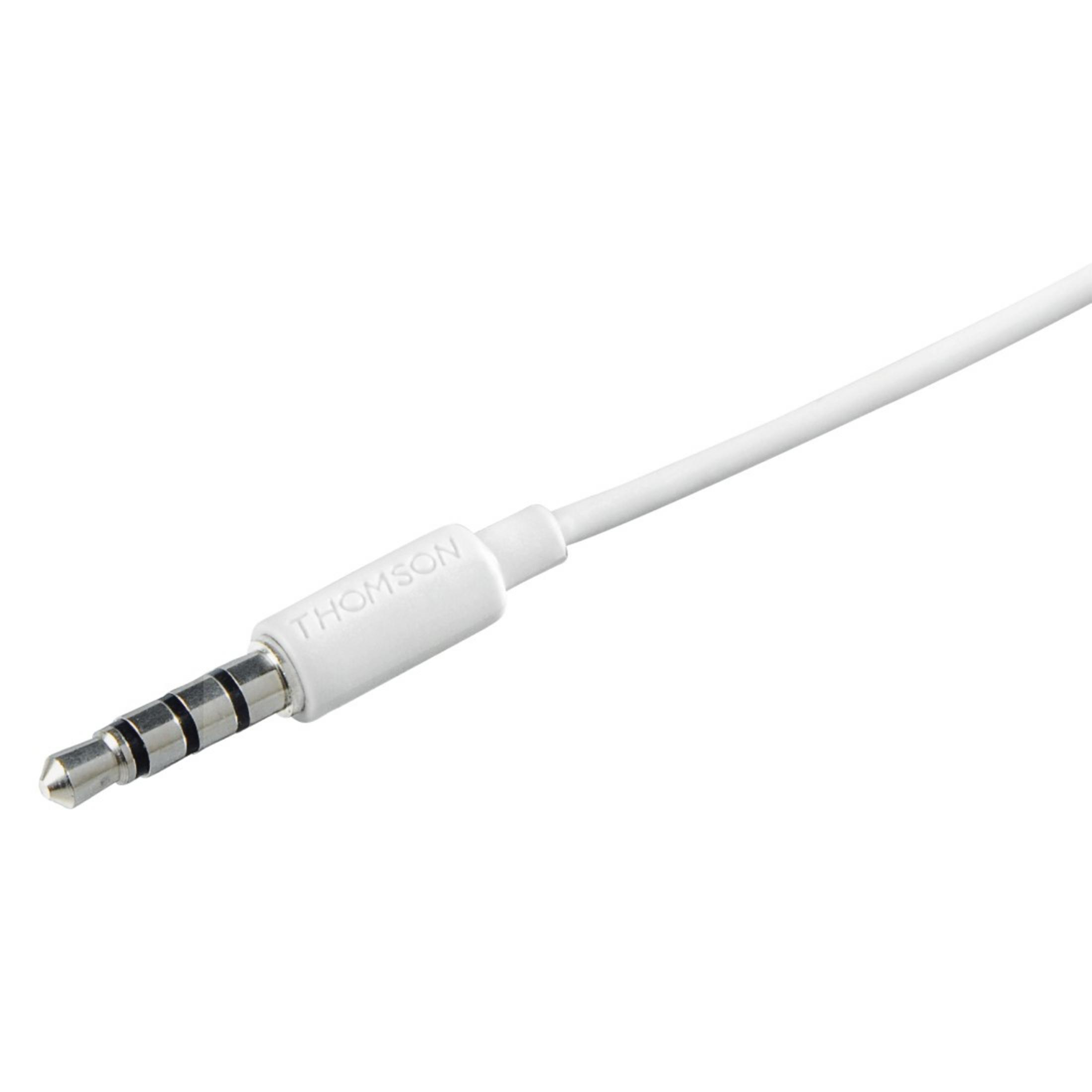 Weißer 3,5-mm-Audioanschluss mit weißem Kabel, freigestellt.