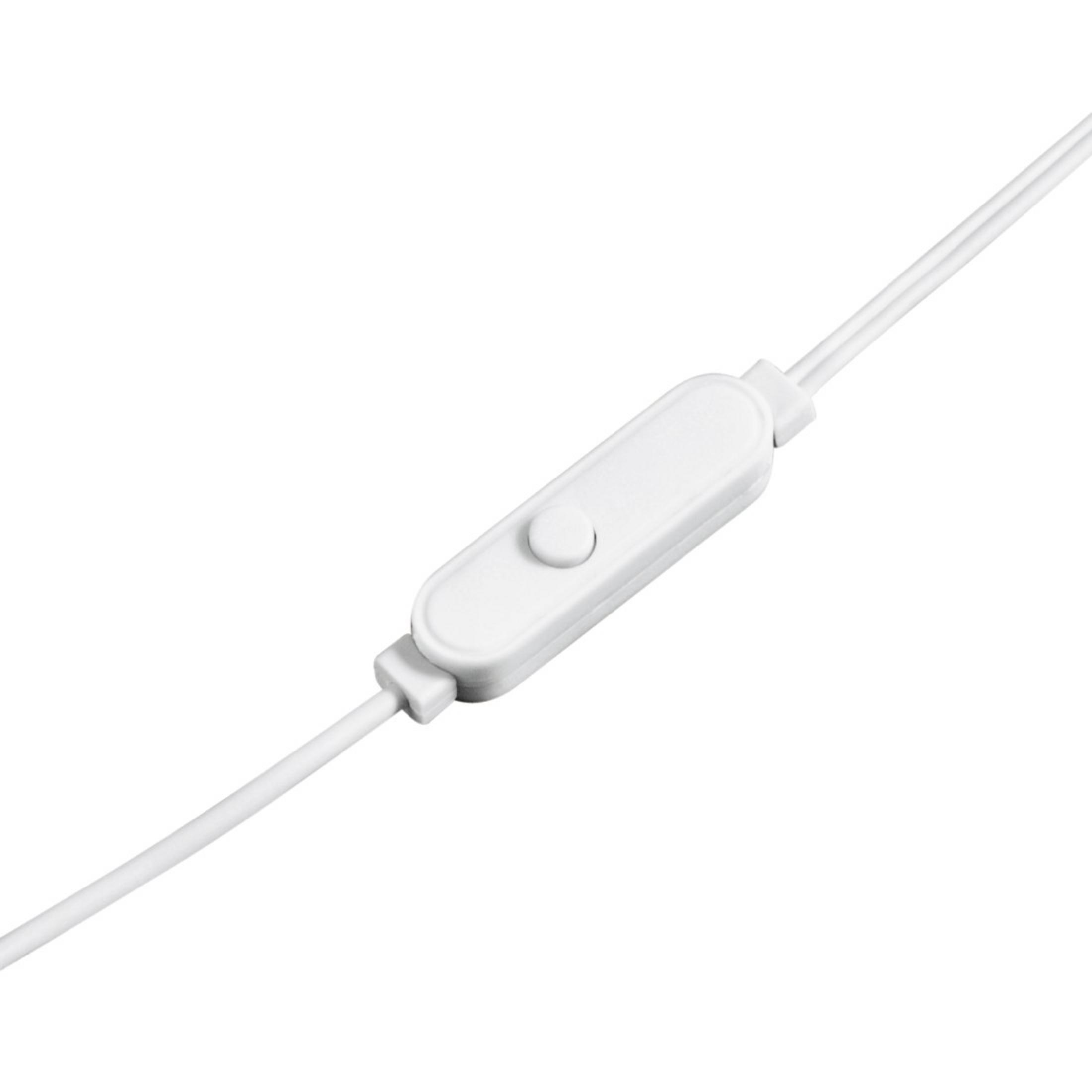 Eine weiße Inline-Fernbedienung mit einer einzigen Taste an einem weißen Kabel.