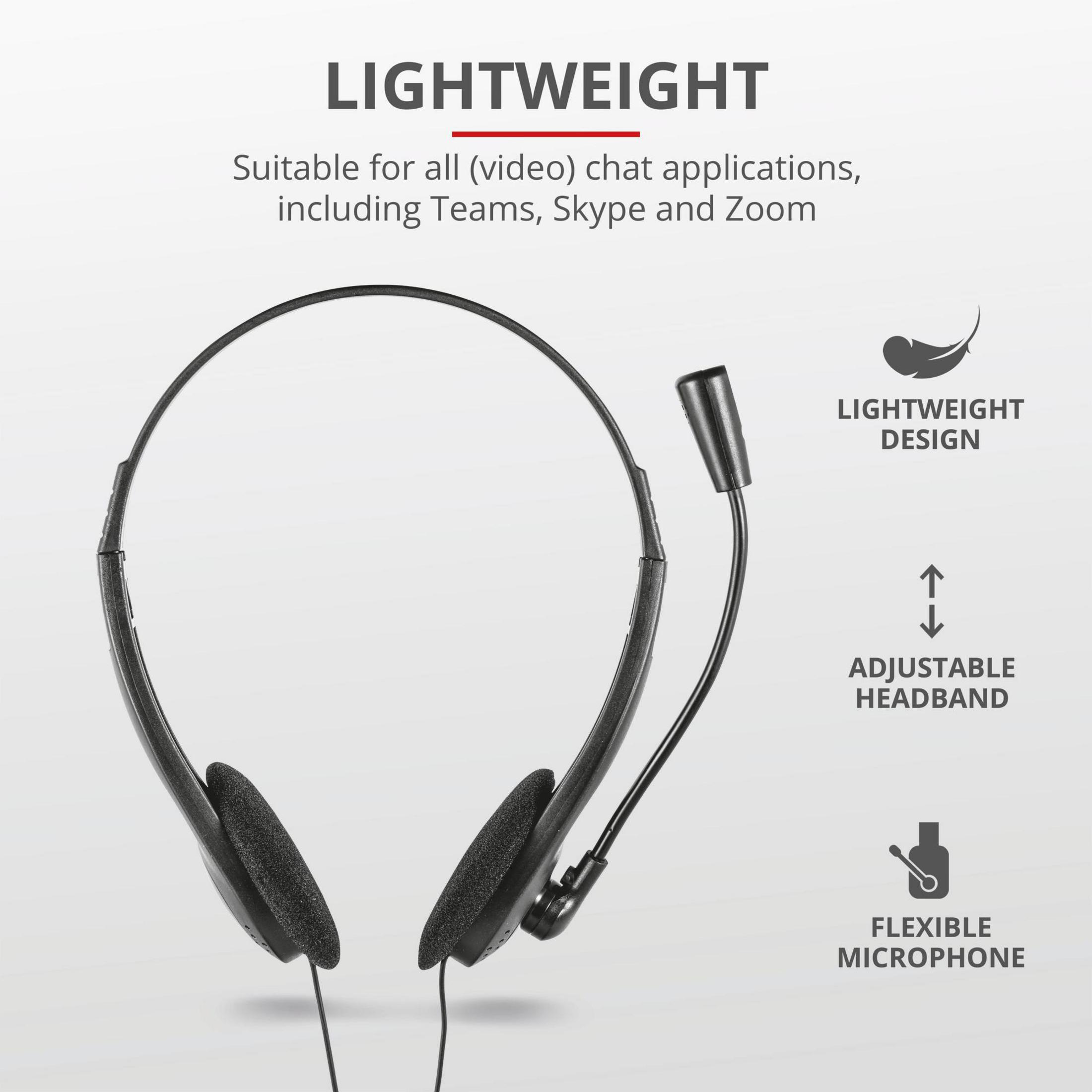 Zestaw słuchawkowy z mikrofonem. Nałożony tekst: Lekki, Regulowany pałąk i Elastyczny mikrofon.