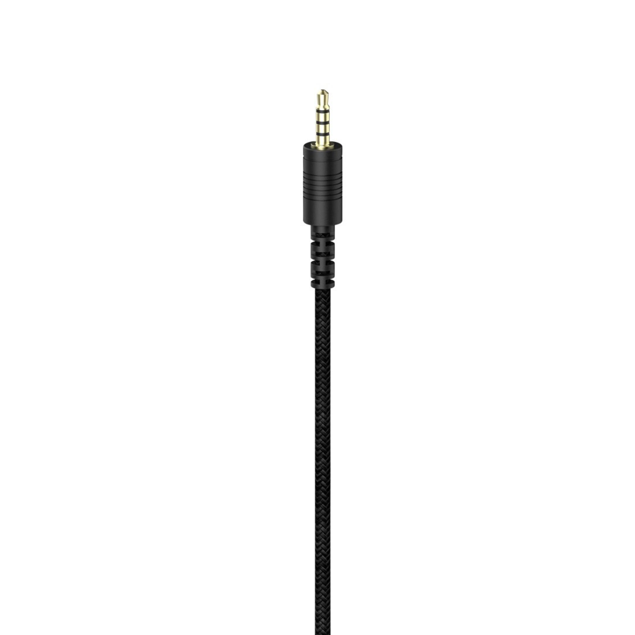 Czarny kabel jack audio ze złotą końcówką. Pleciony kabel o prostym designie. Białe tło.