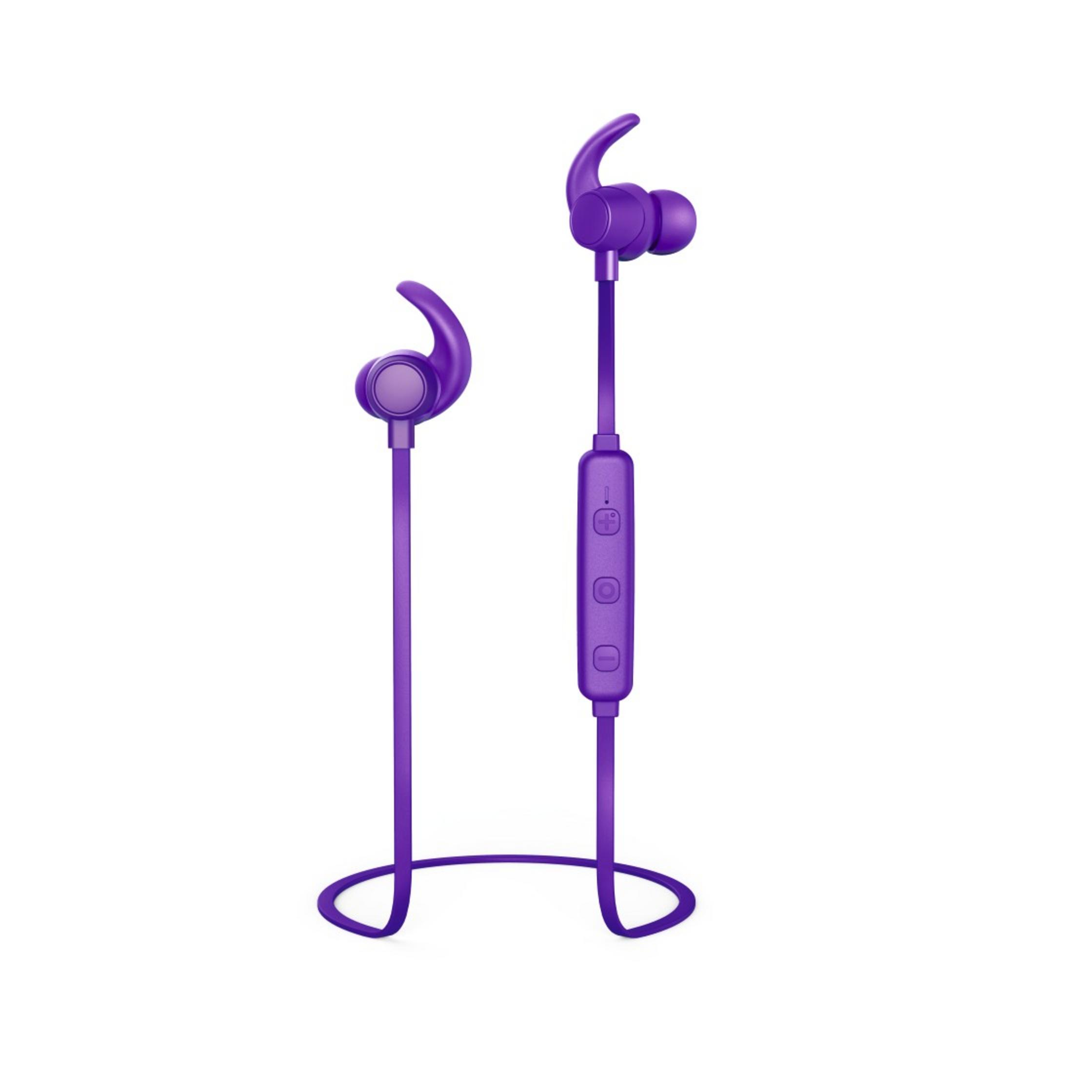 Auriculares inalámbricos morados con panel de control y banda para el cuello, aislados.