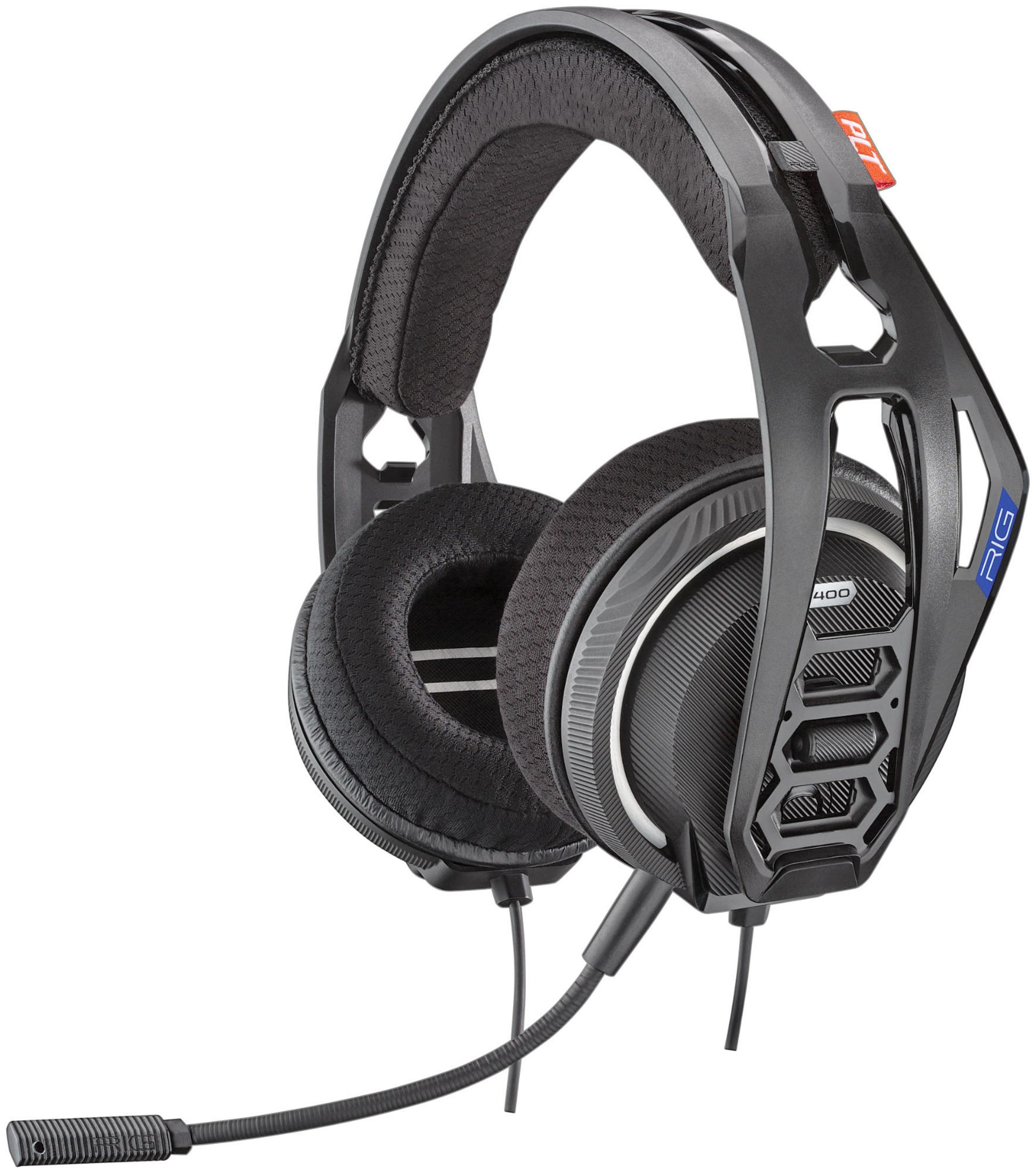 Cuffie da gioco nere con microfono, isolate su sfondo bianco.