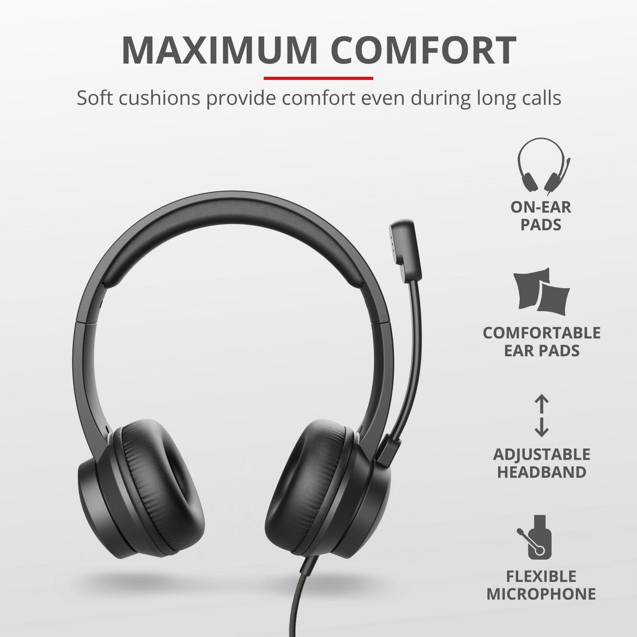 Auriculares negros con micrófono, almohadillas para los oídos y diadema ajustable. Fondo blanco con texto.