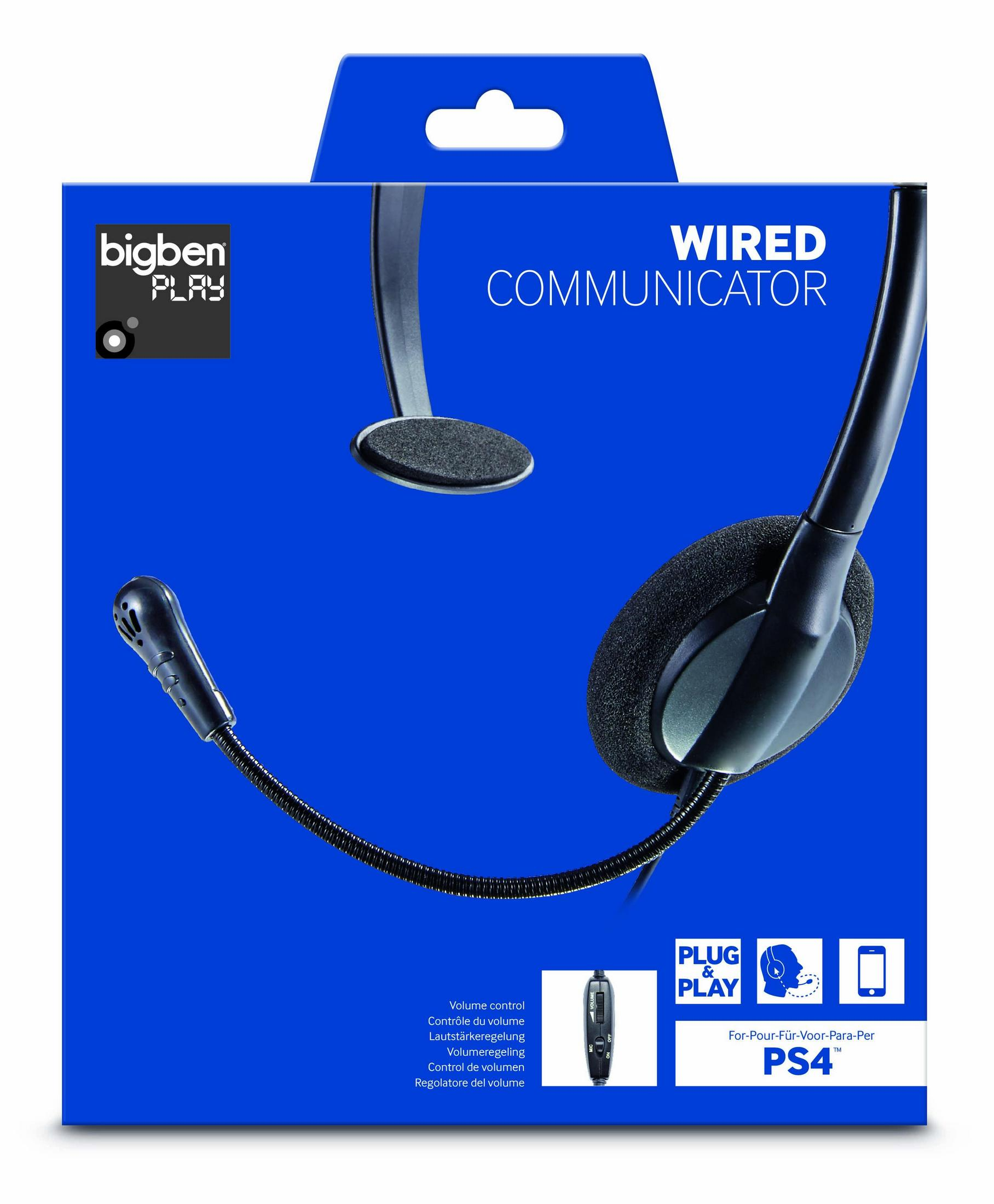 Blaue Box mit kabelgebundenem Headset. Mit Mikrofon und Steuertasten. Die Verpackung ist für PS4.