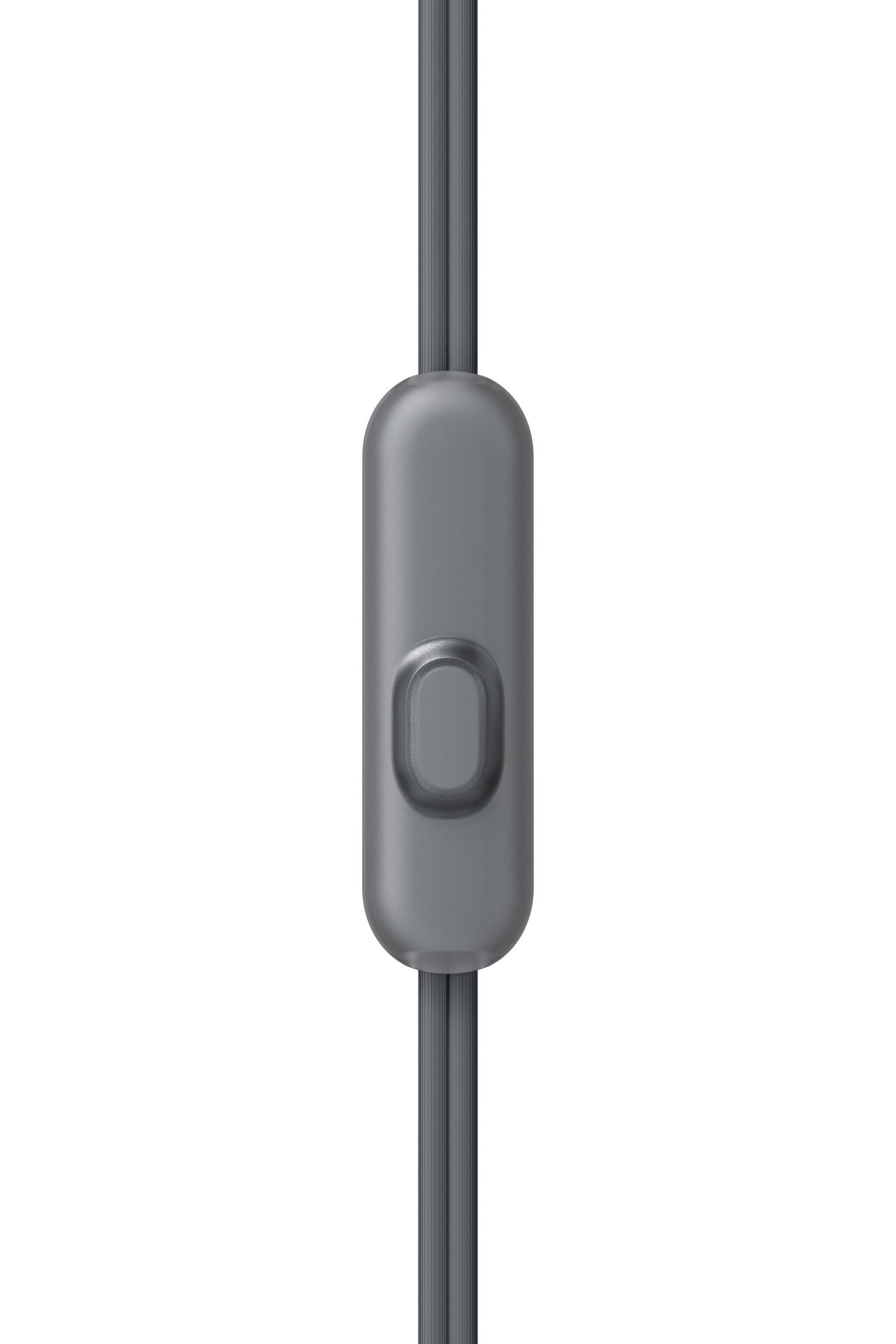 Graue Inline-Fernbedienung mit zwei schwarzen Kabeln.