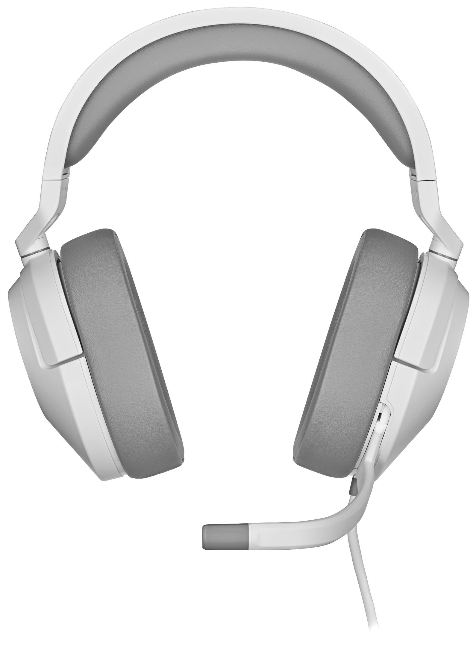 White headphones with gray ear pads and a microphone, isolated on white.