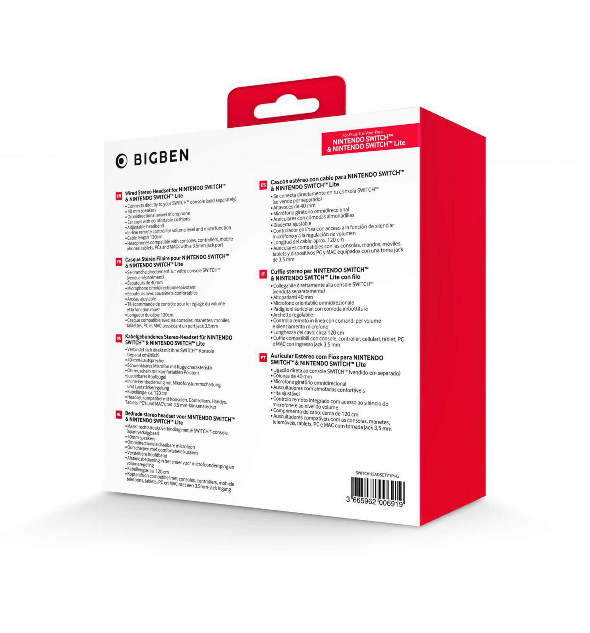 Białe pudełko z tekstem i obrazami słuchawek, dla Nintendo Switch.