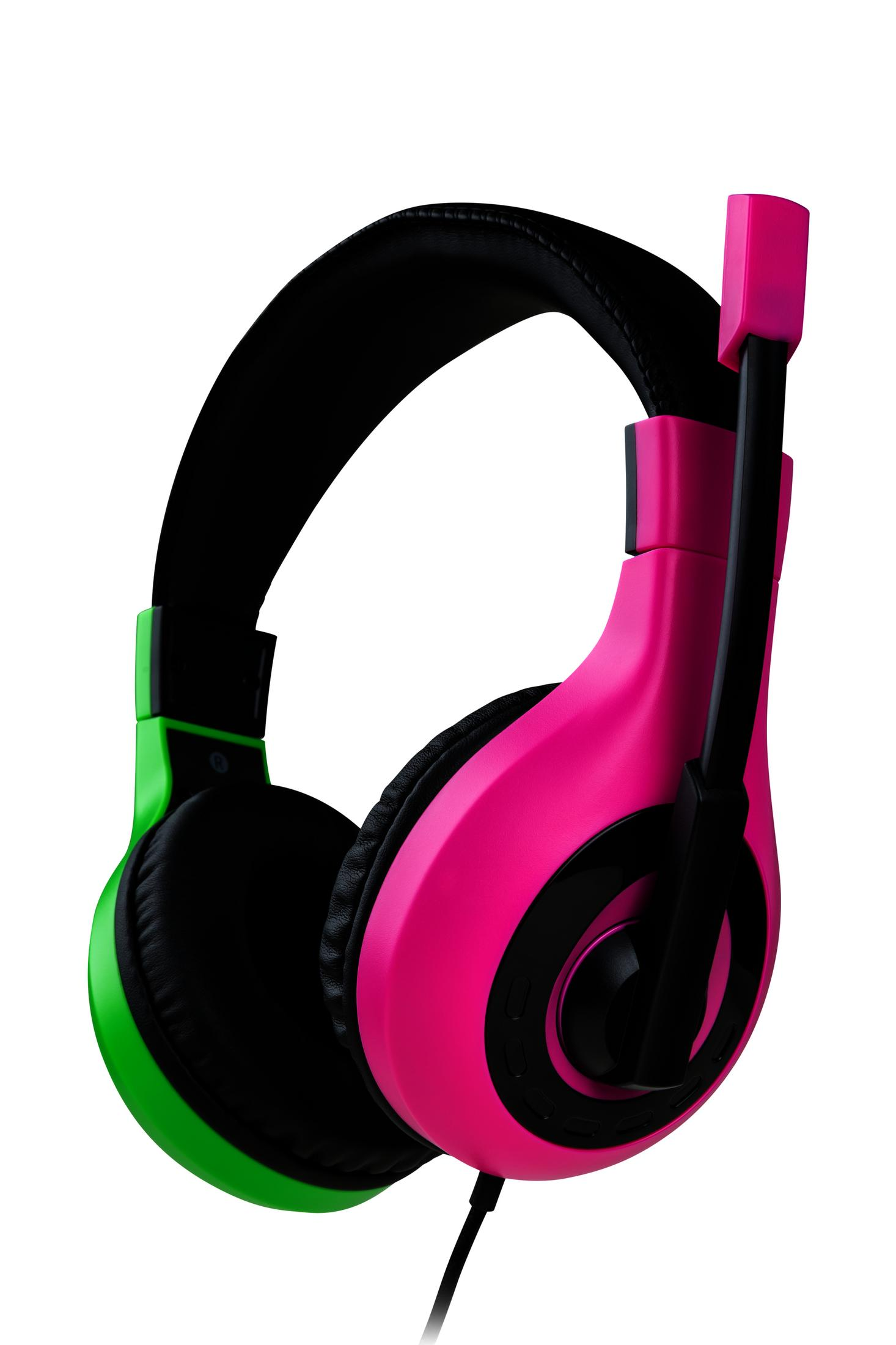 Różowe i zielone słuchawki dla graczy, czarny pałąk i mikrofon.