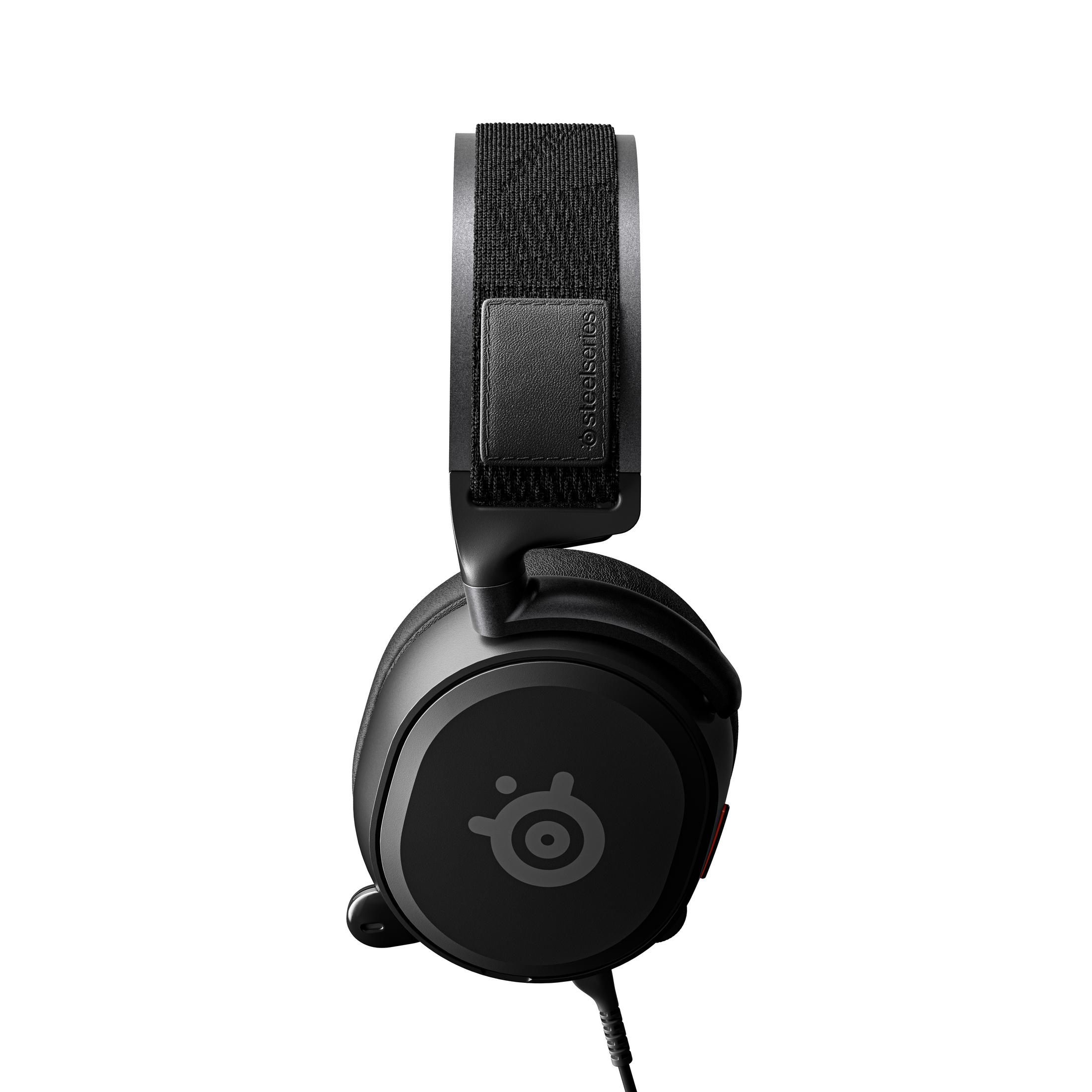 Ein schwarzes Headset mit schwarzem Riemen und dem SteelSeries-Logo.