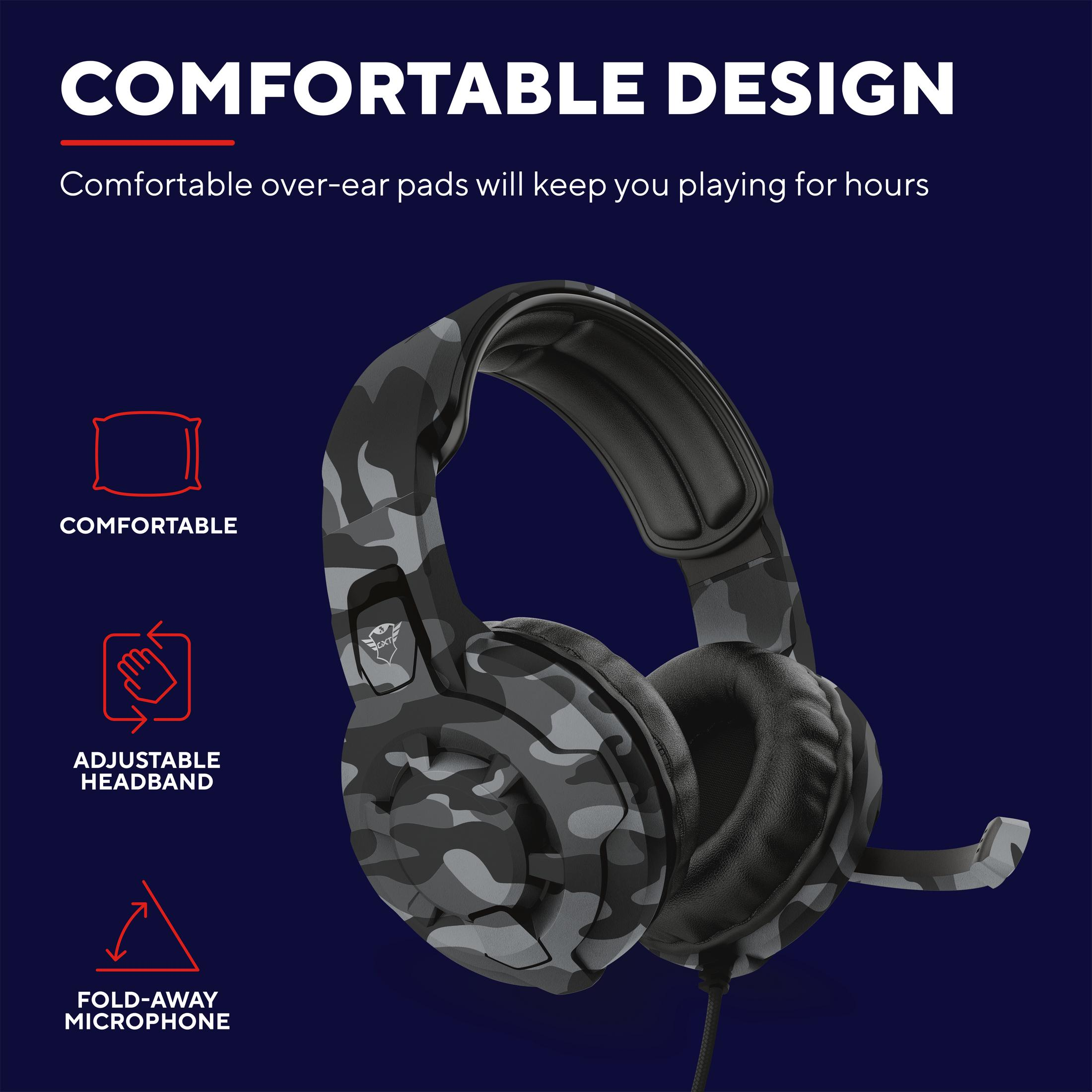 Zestaw słuchawkowy z kamuflażem i regulowanym mikrofonem, tekst: Wygodny design.