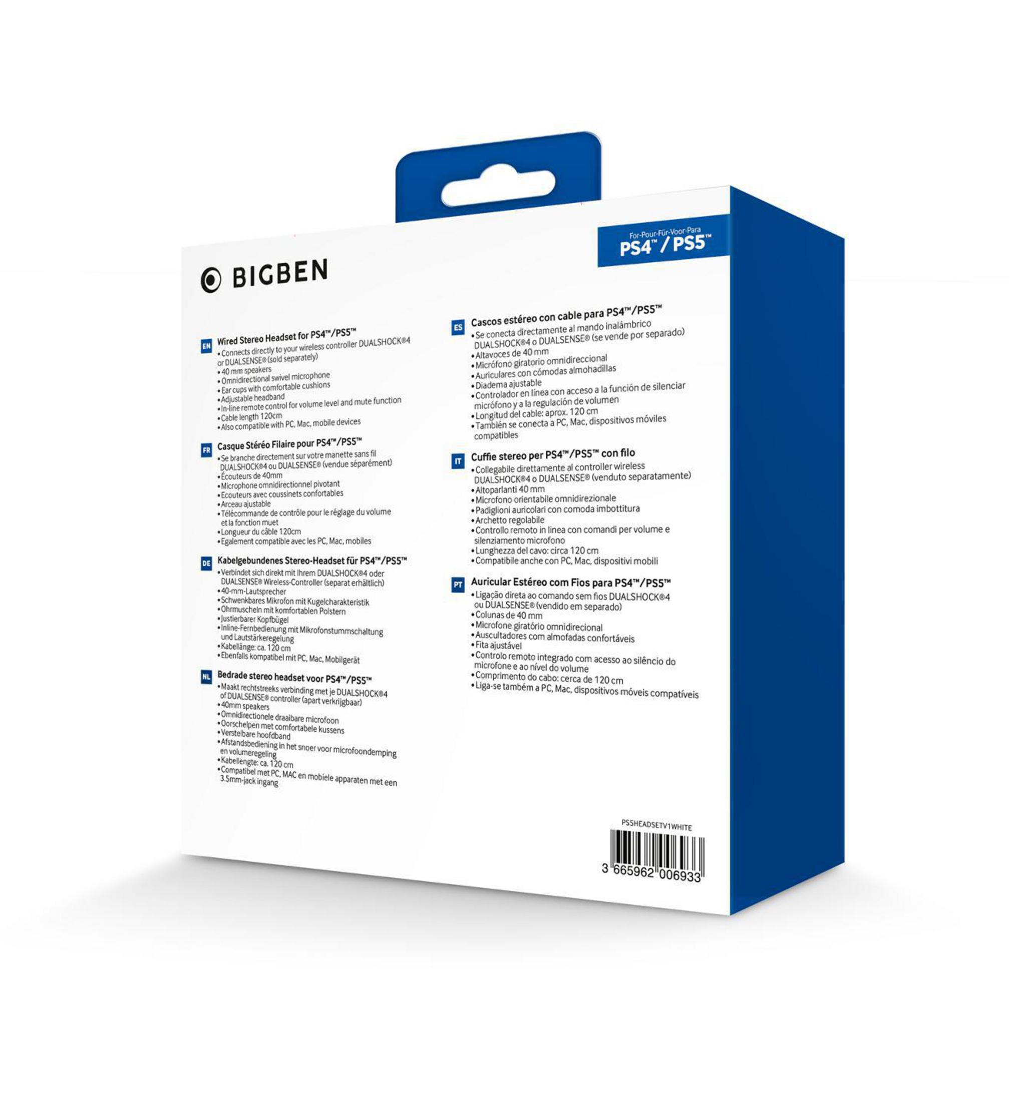 Białe pudełko Bigben z informacjami o produkcie i czarnym obrazem zestawu słuchawkowego. Białe tło.