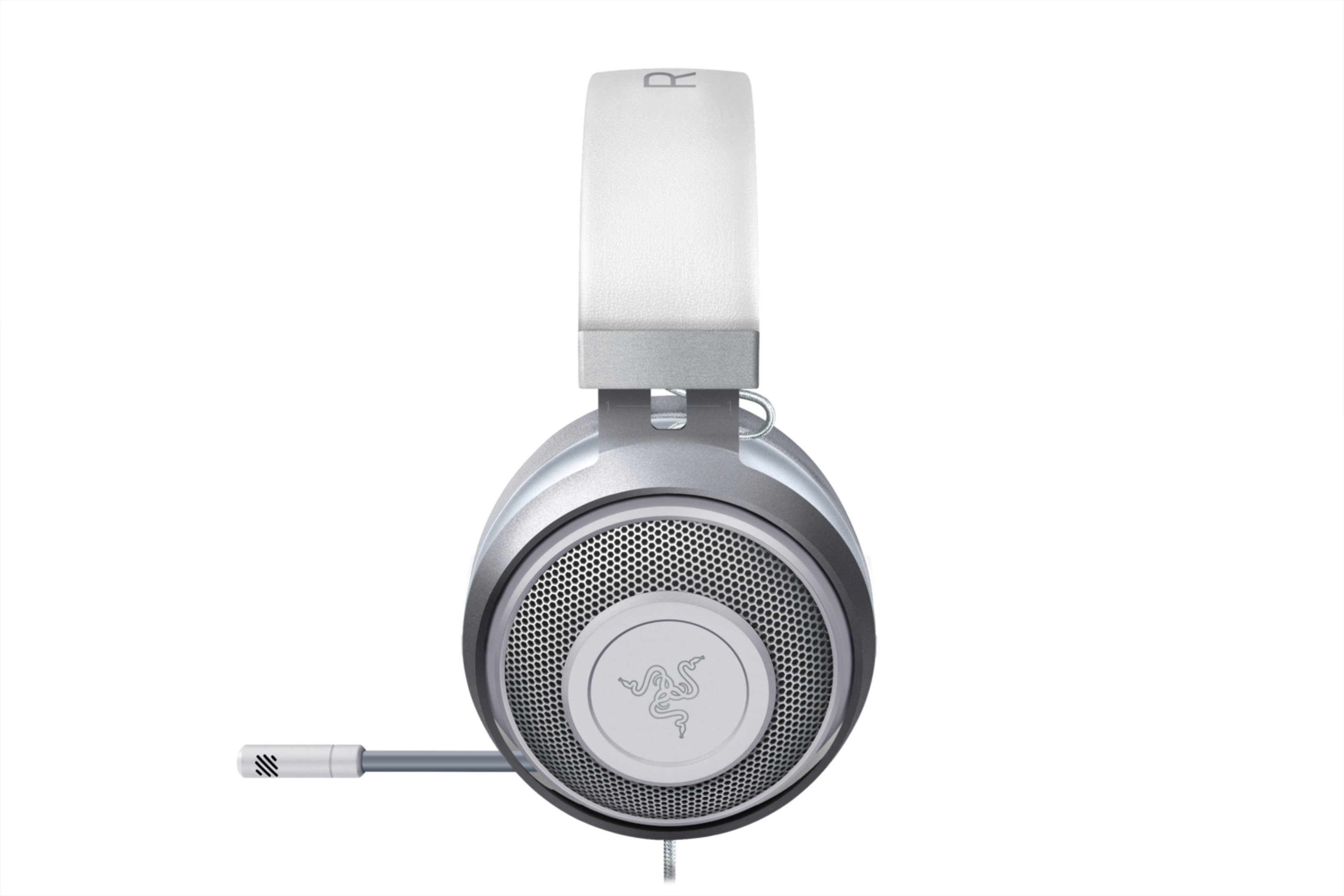 Silber-weißes Gaming-Headset mit Mikrofon, weißer Hintergrund.