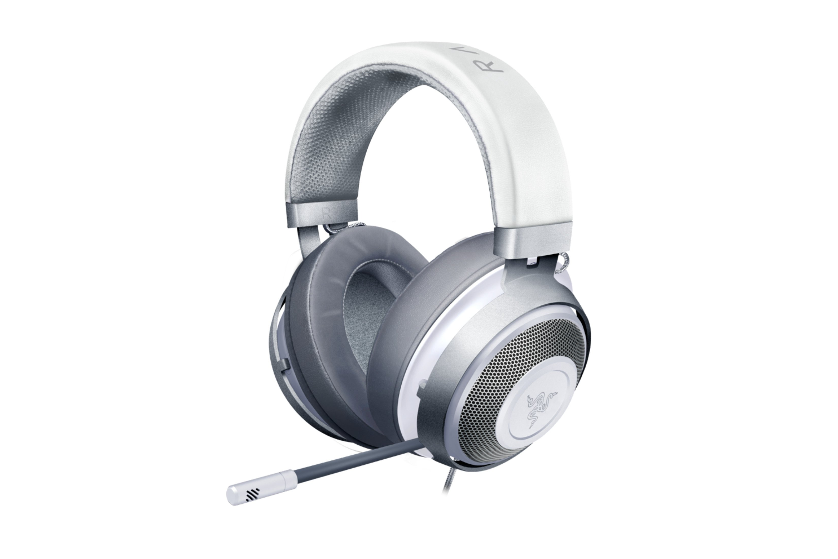 Weißes und silbernes Razer-Headset auf weißem Hintergrund. Schwarzes Mikrofon.