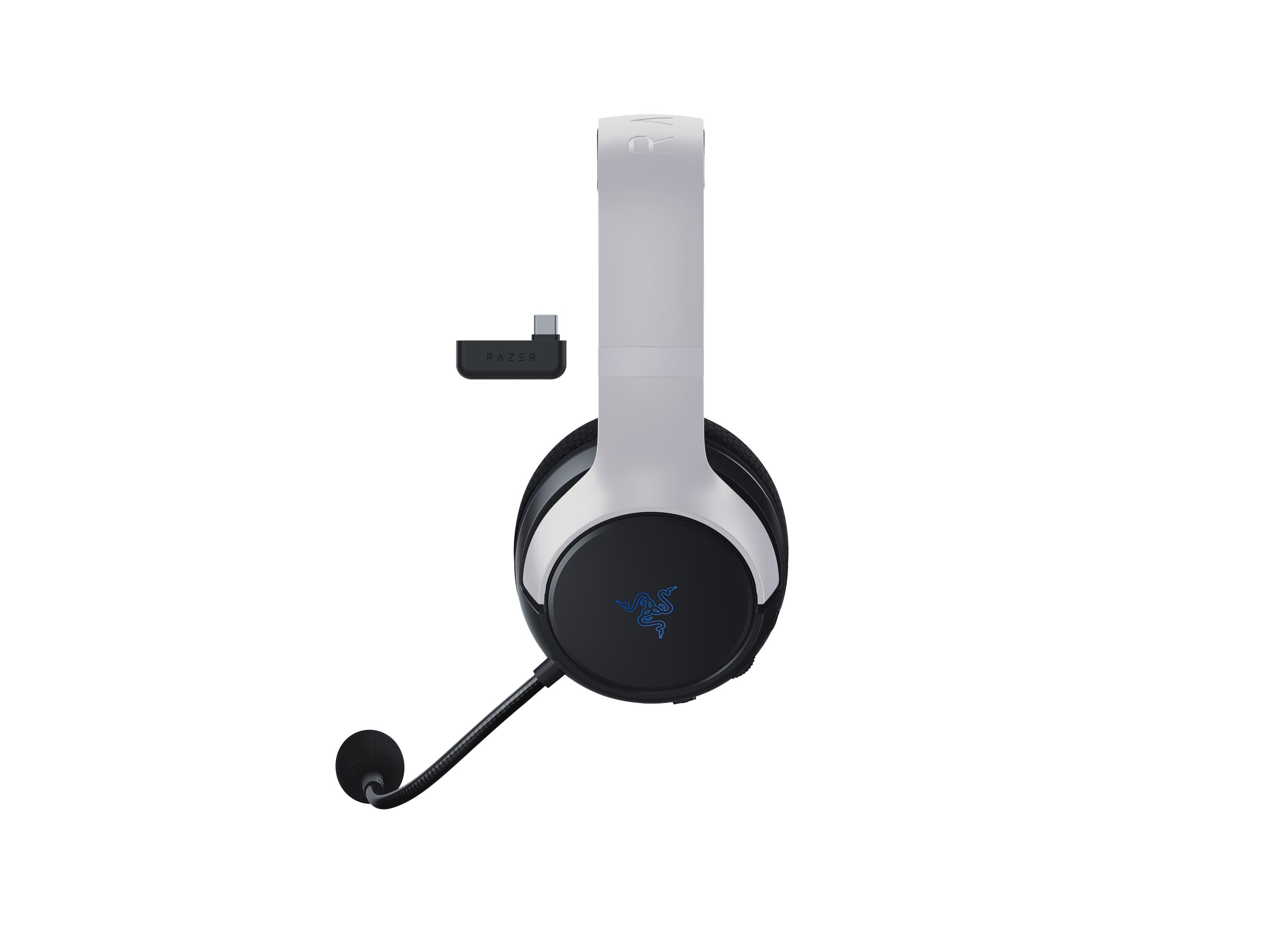 Cuffie da gioco Razer bianche con microfono e adattatore USB.