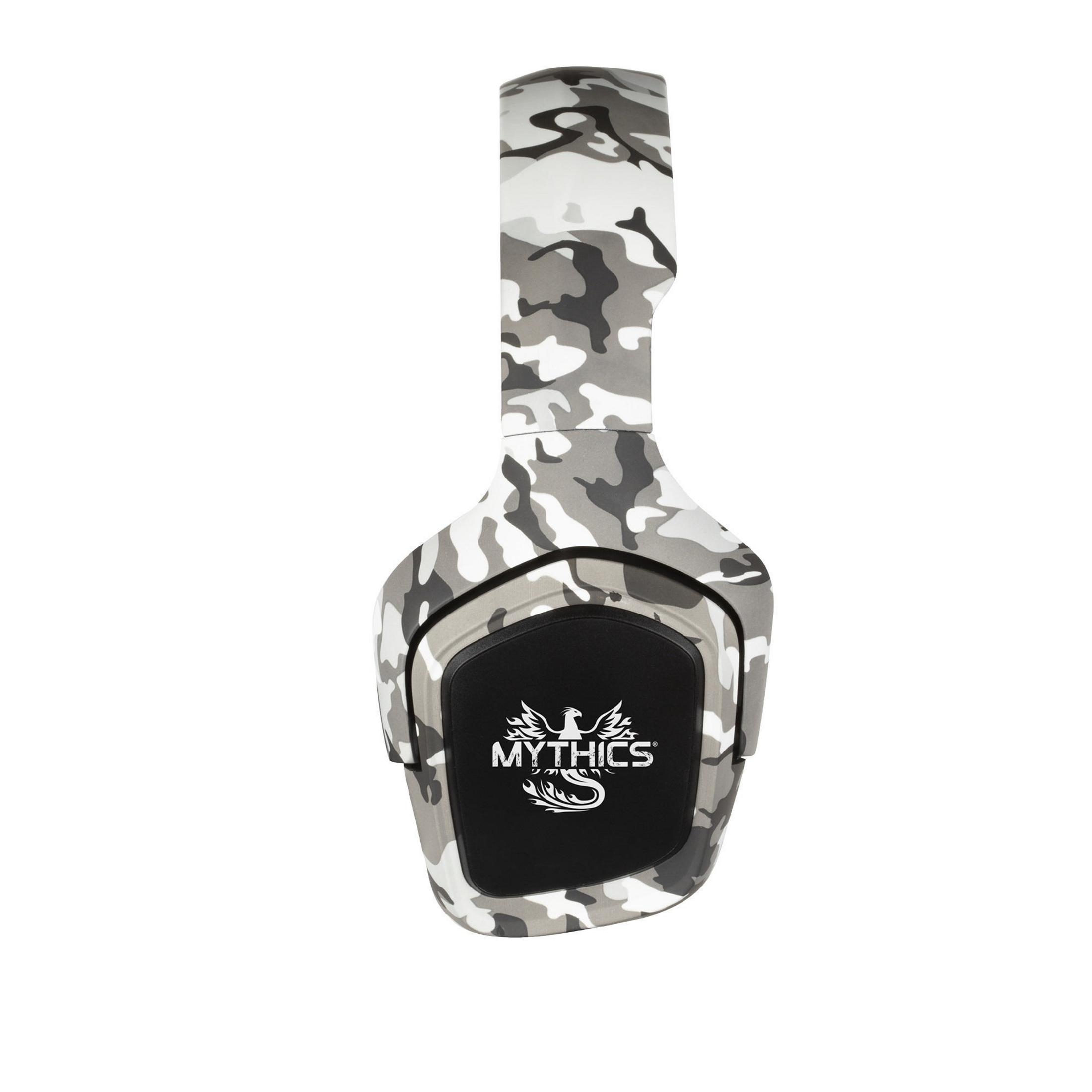 Zestaw słuchawkowy do gier w kamuflażu. Biały i szary wzór. Czarne nauszniki.