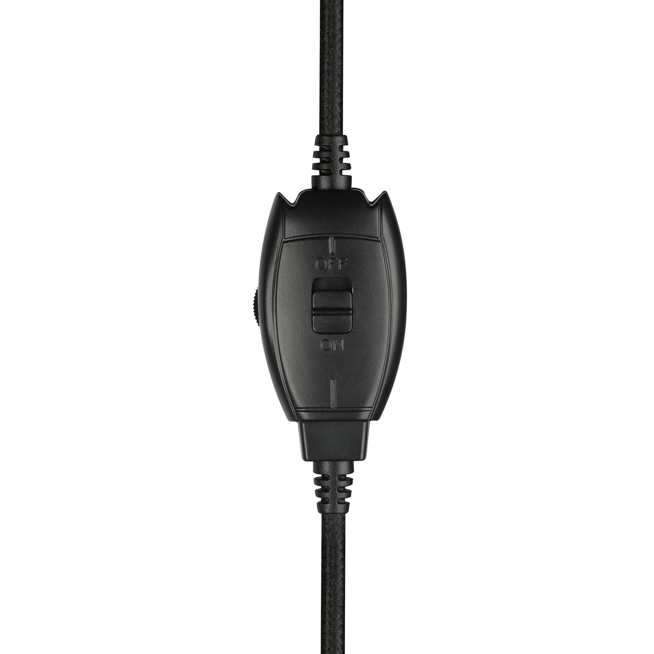 Czarny regulator głośności in-line z ustawieniami 'ON' i 'OFF'. Kable wychodzą z obu końców.