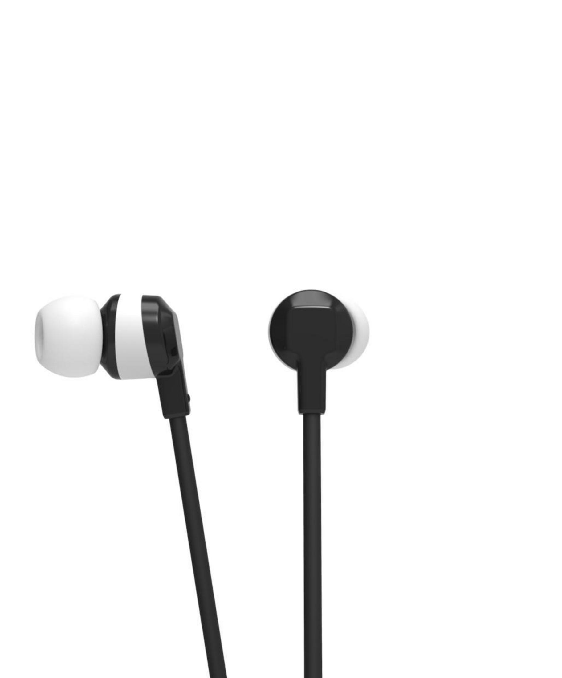 Auriculares intrauditivos en blanco y negro con conector de 3,5 mm.