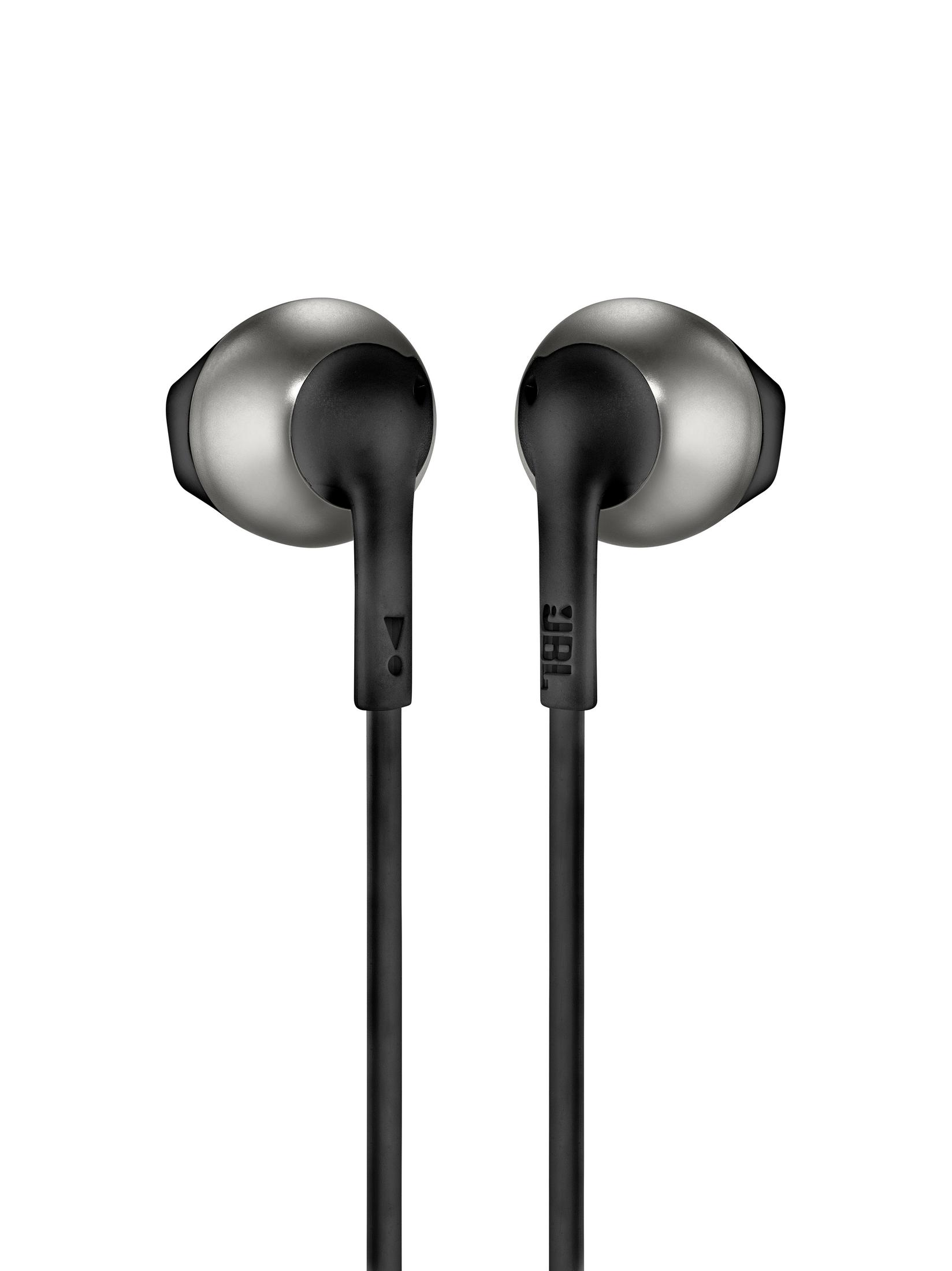 Para czarnych słuchawek dousznych JBL na białym tle, ze srebrnymi akcentami.