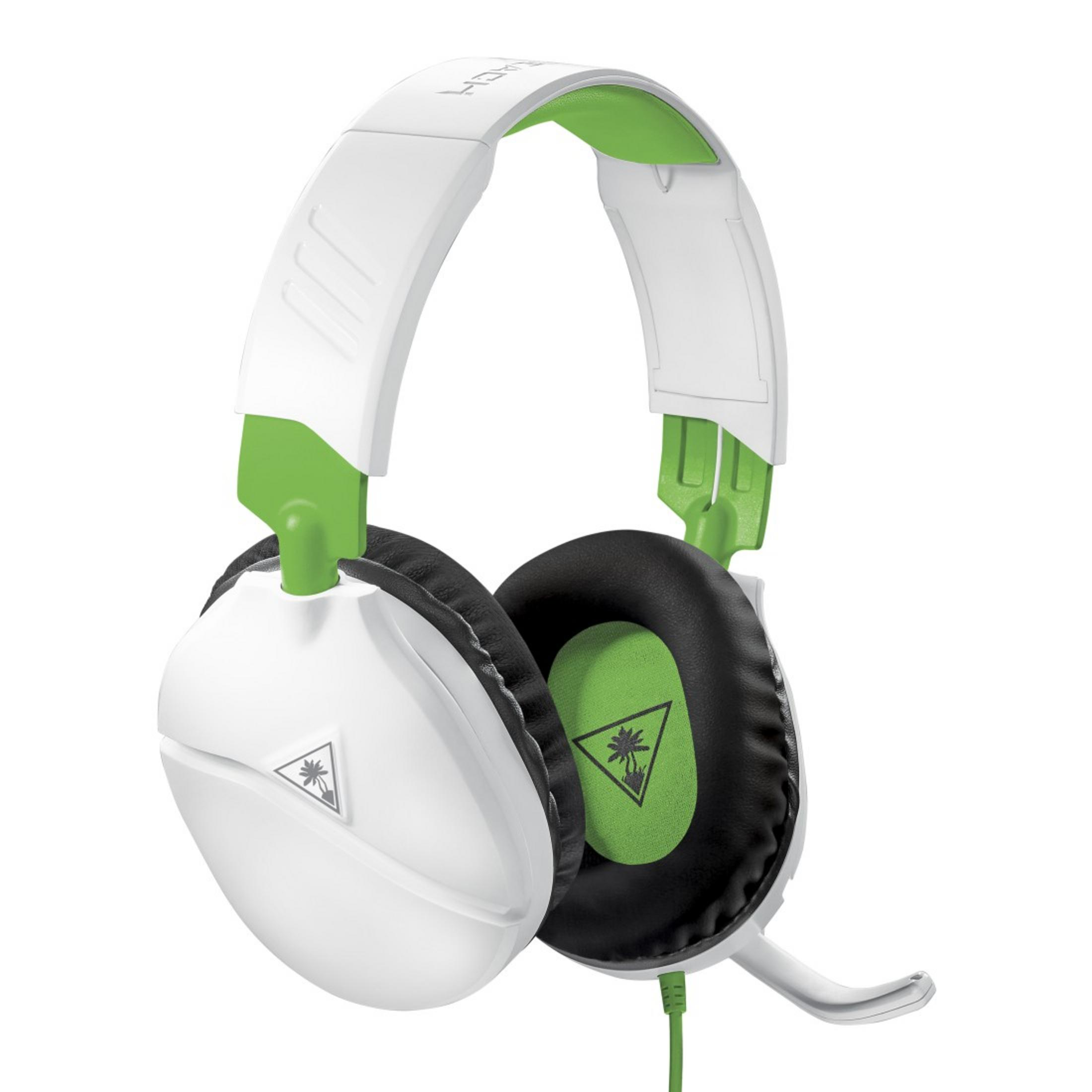 Auriculares gaming Turtle Beach blancos y verdes con micrófono adjunto.