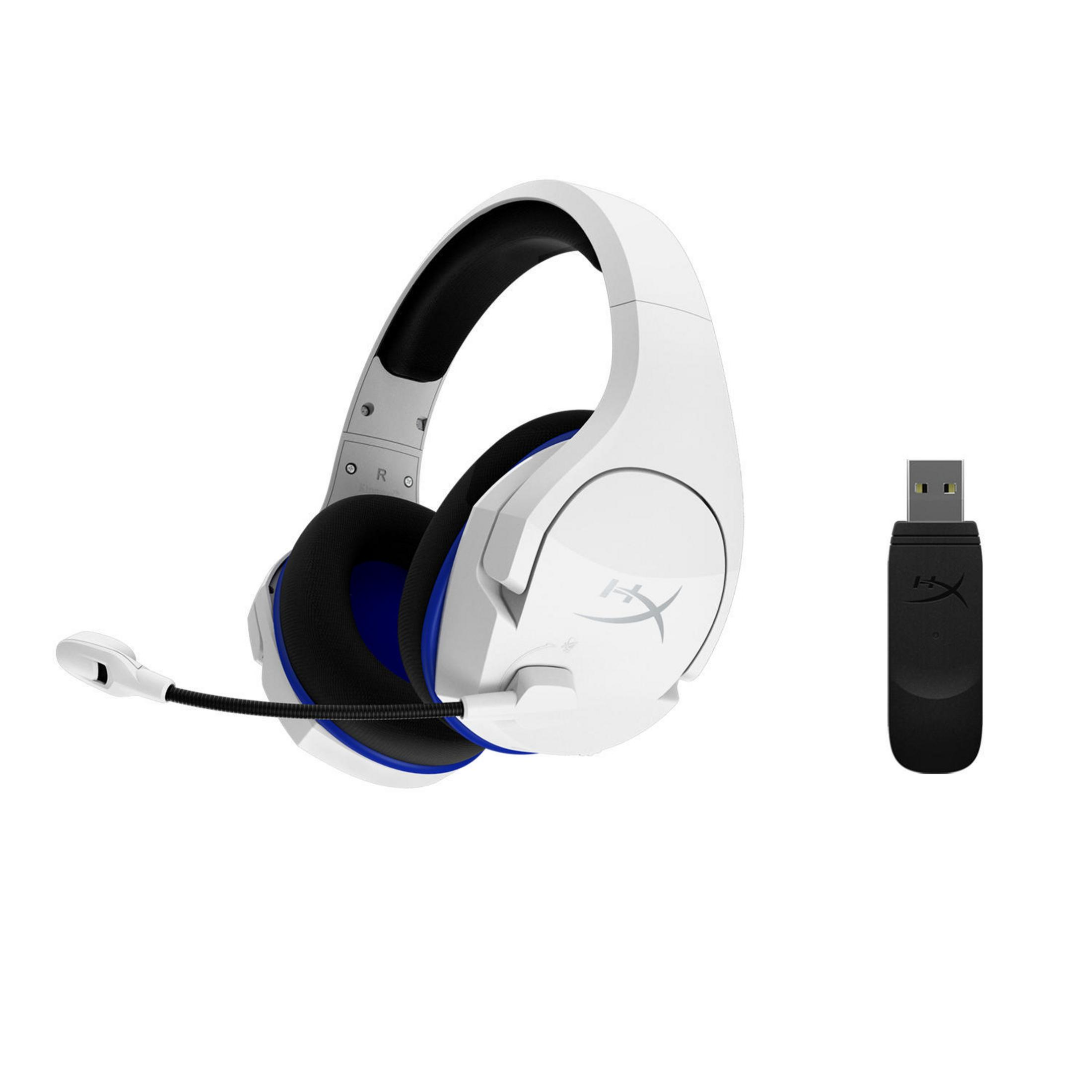 Weißes und blaues Gaming-Headset mit schwarzem Mikrofon. Schwarzer USB-Dongle. Weißer Hintergrund.