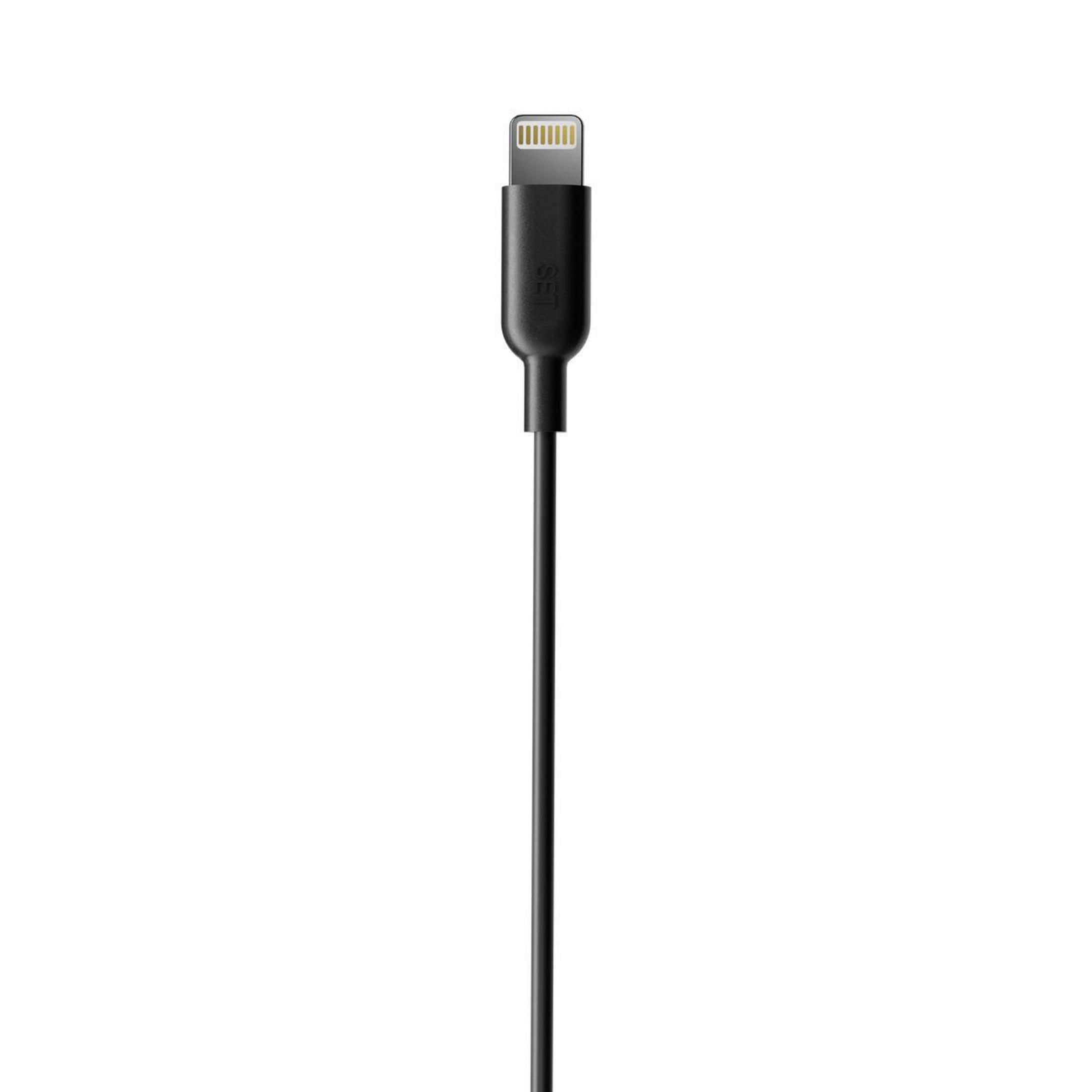 Schwarzes Lightning-Kabel mit weißem Hintergrund. Der Lightning-Anschluss ist sichtbar.