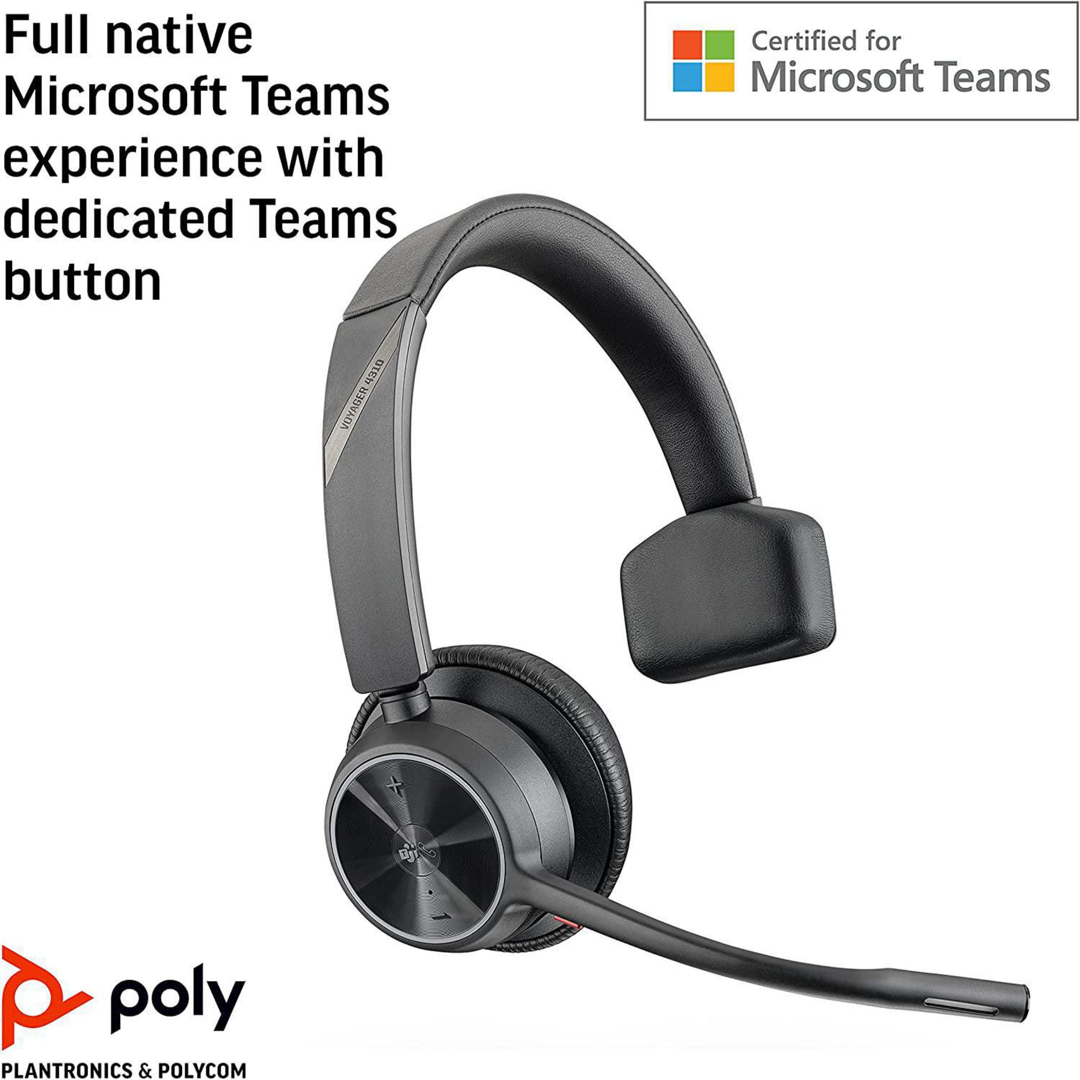 Casque noir avec microphone. Texte superposé : Expérience native complète de Microsoft Teams.
