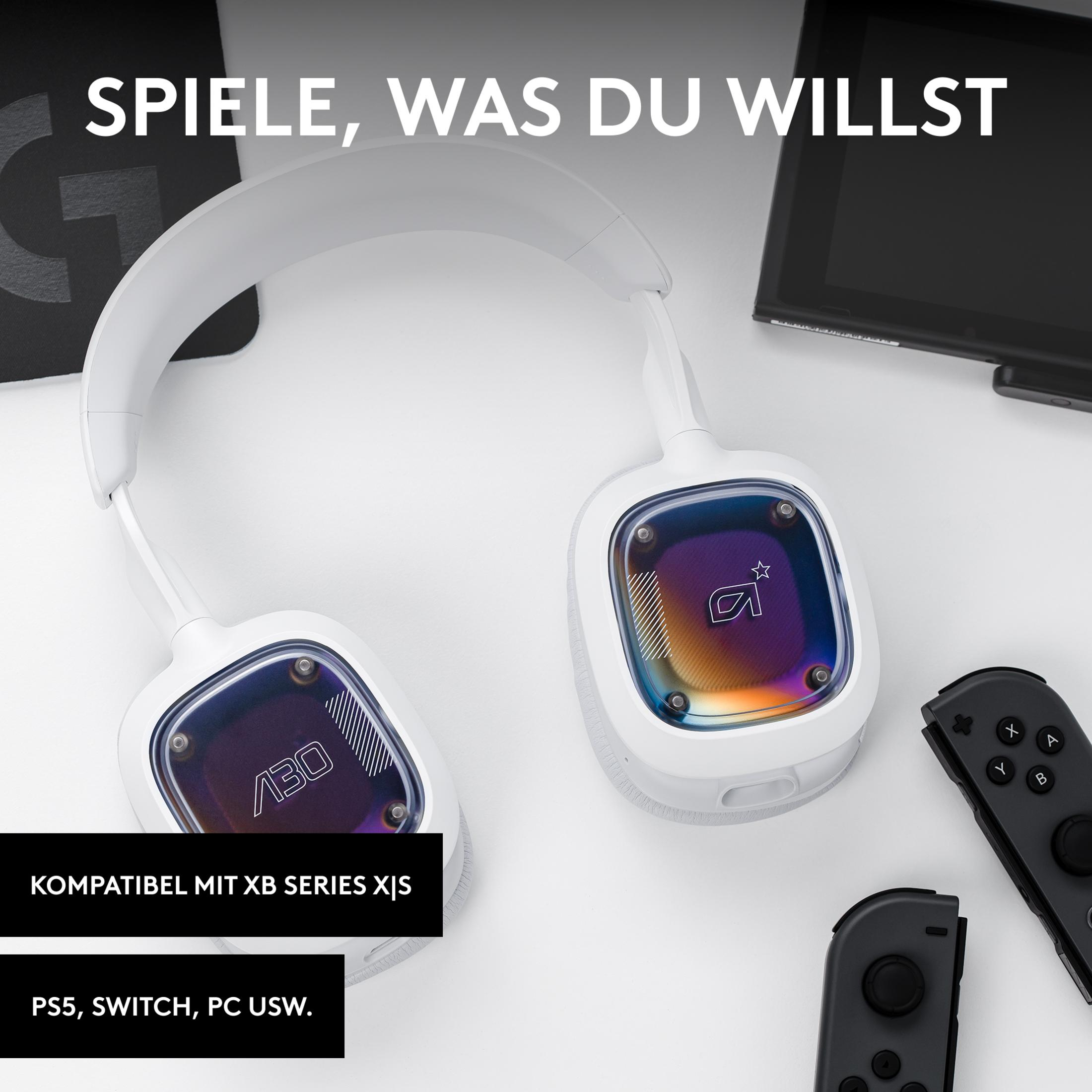 Biały zestaw słuchawkowy do gier na białym tle. Tekst: 'SPIELE, WAS DU WILLST'.