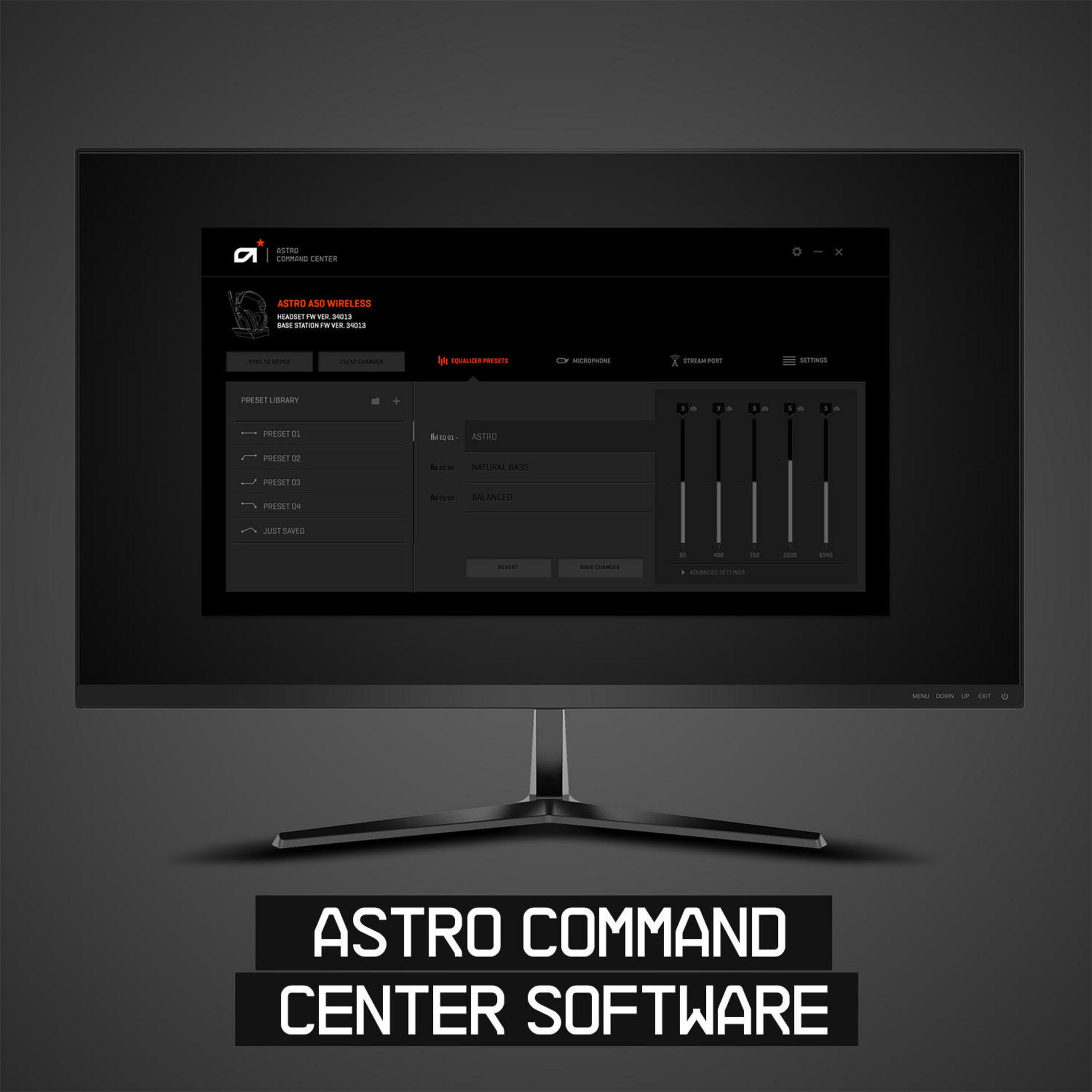 Monitor wyświetlający oprogramowanie Astro Command Center z ustawieniami i czarnym tłem.