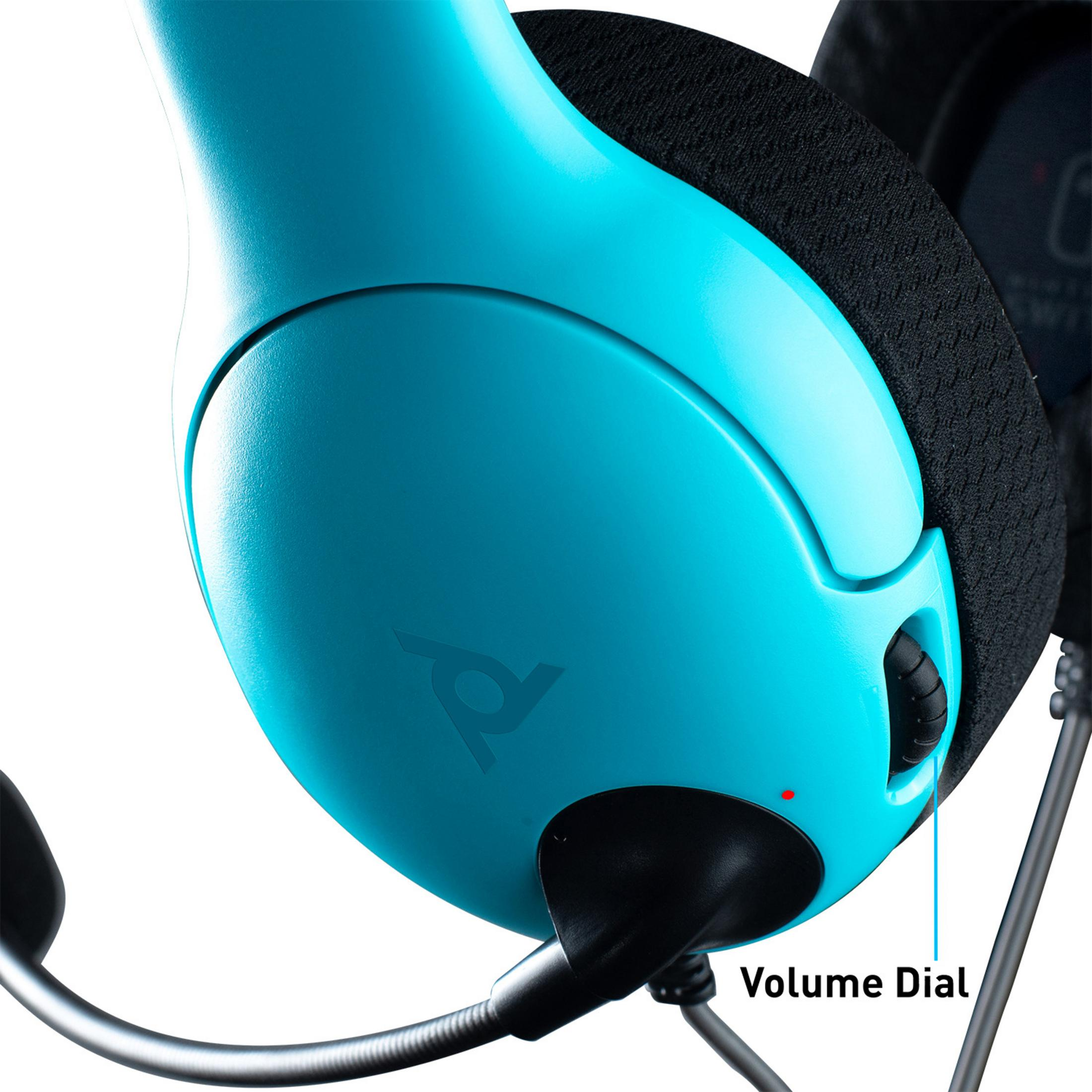 Casque bleu avec molette de volume et microphone, sur fond blanc.