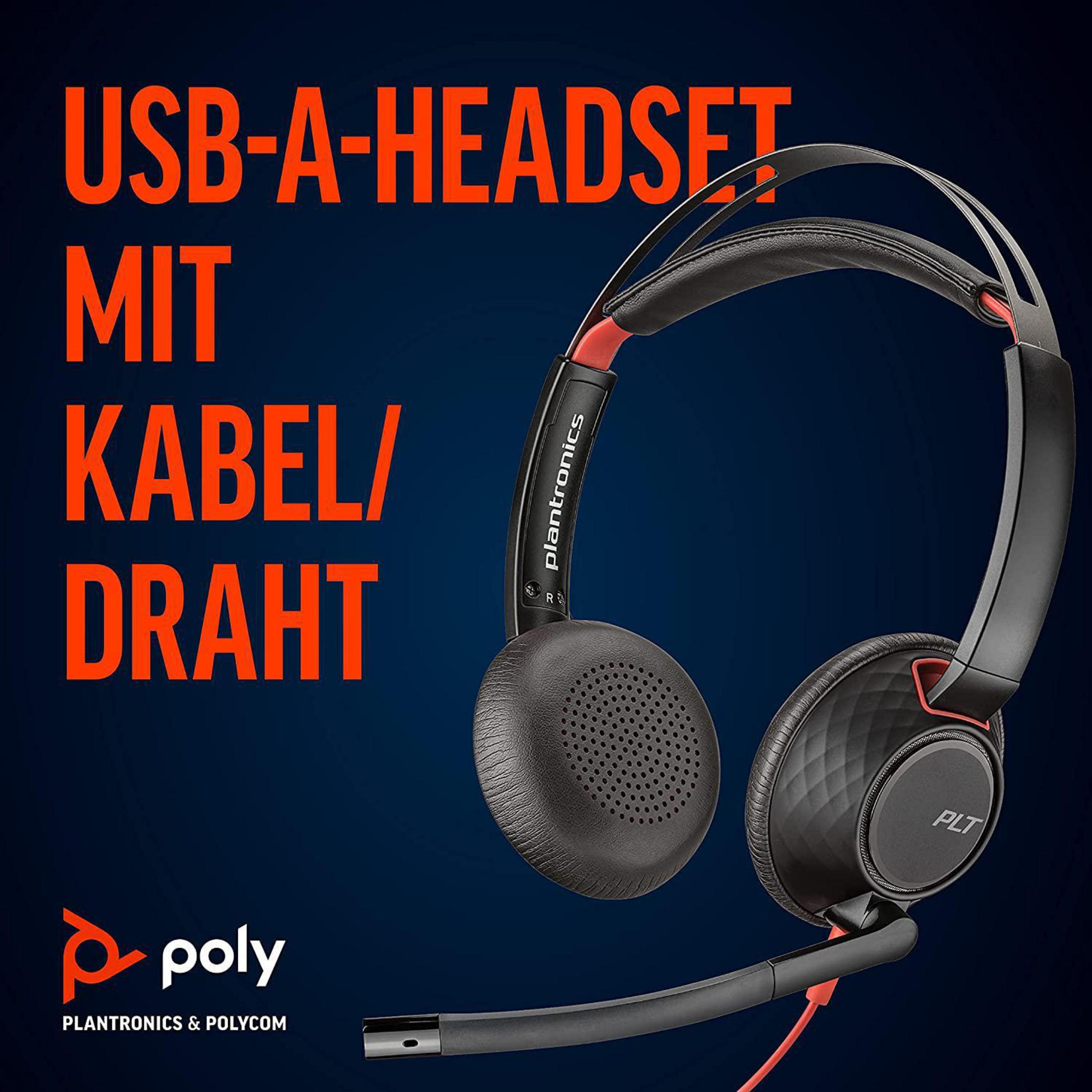 Czarny zestaw słuchawkowy z mikrofonem. Tekst: 'USB-A HEADSET MIT KABEL/DRAHT'. Niebieskie tło.
