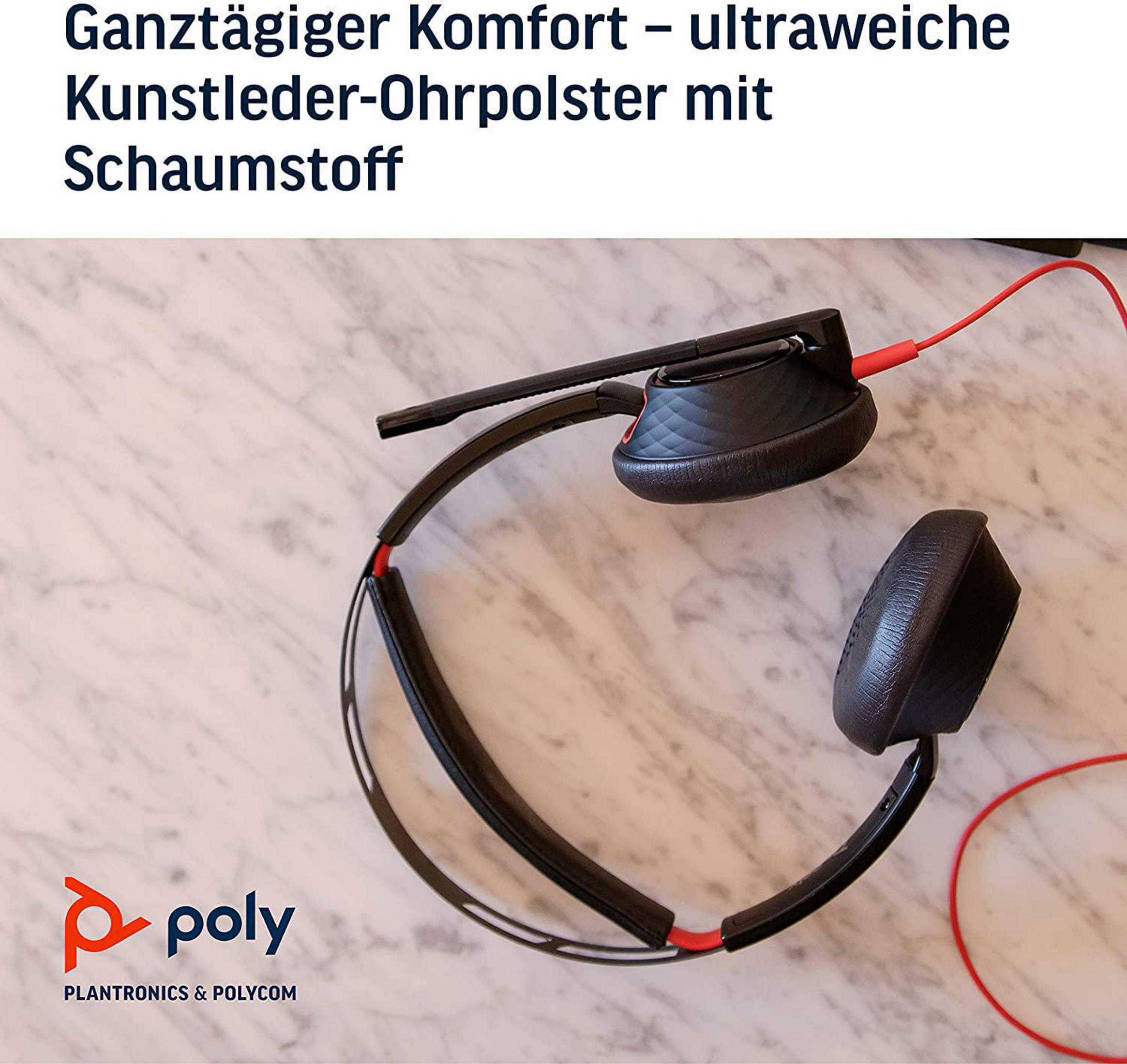 Zestaw słuchawkowy z mikrofonem, spoczywający na marmurowej powierzchni z tekstem po lewej stronie.